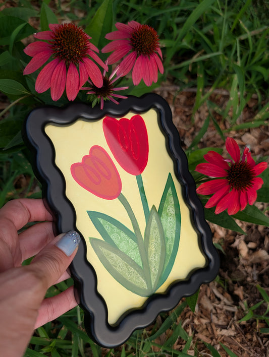 Original acrylic painting of whimsical red tulips on yellow background in black wavy picture frame