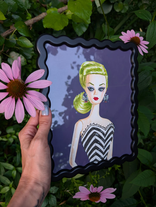 Original mixed media portrait of Barbie dressed as Beetlejuice with green hair spiderweb swimsuit and fly earrings on purple background in black wavy frame
