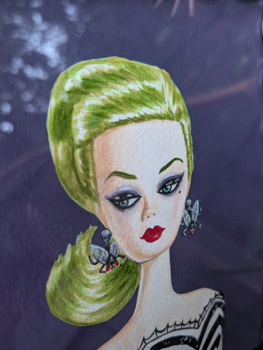 Original mixed media portrait of Barbie dressed as Beetlejuice with green hair spiderweb swimsuit and fly earrings on purple background in black wavy frame