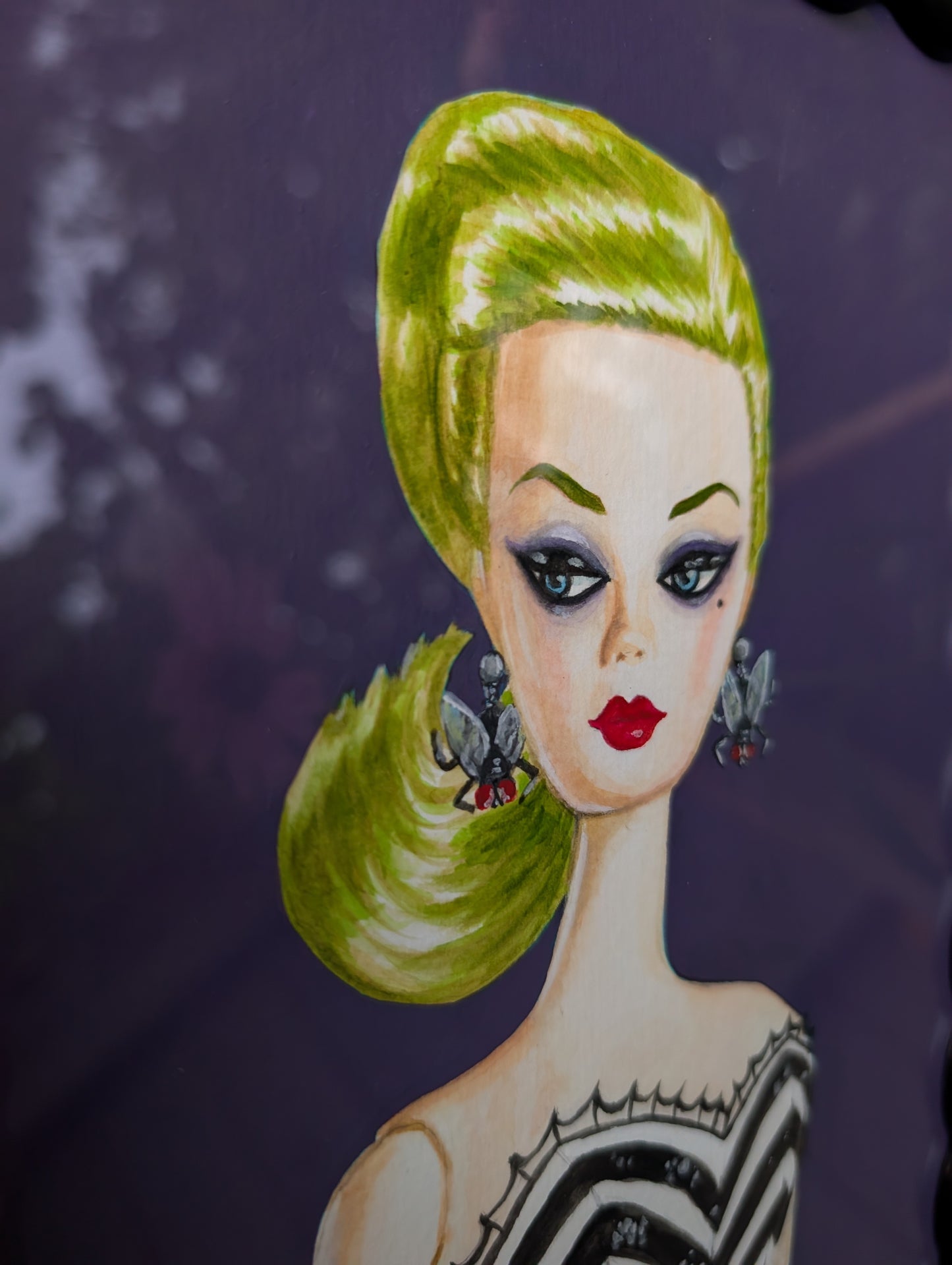 Original mixed media portrait of Barbie dressed as Beetlejuice with green hair spiderweb swimsuit and fly earrings on purple background in black wavy frame