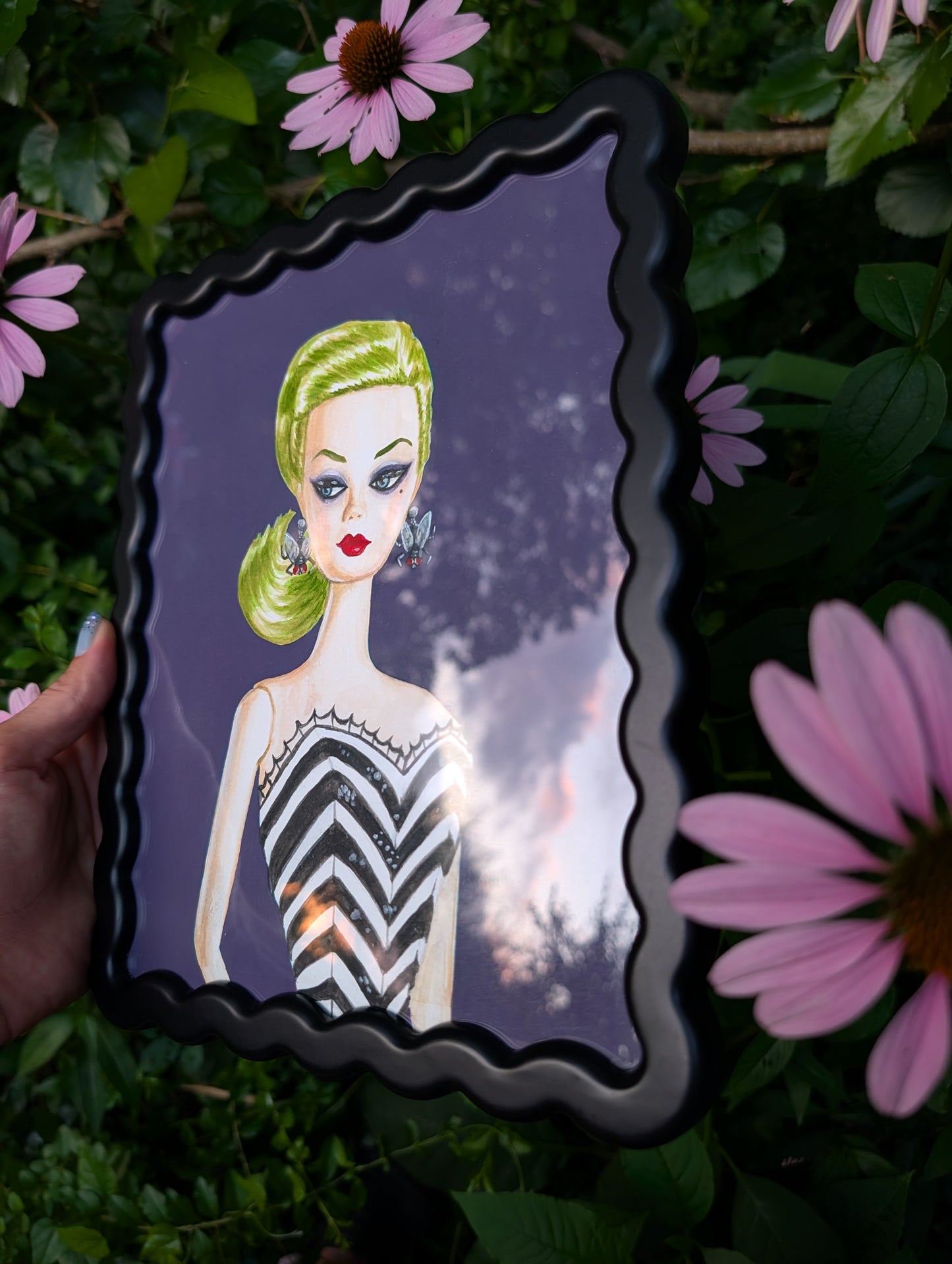 Original mixed media portrait of Barbie dressed as Beetlejuice with green hair spiderweb swimsuit and fly earrings on purple background in black wavy frame