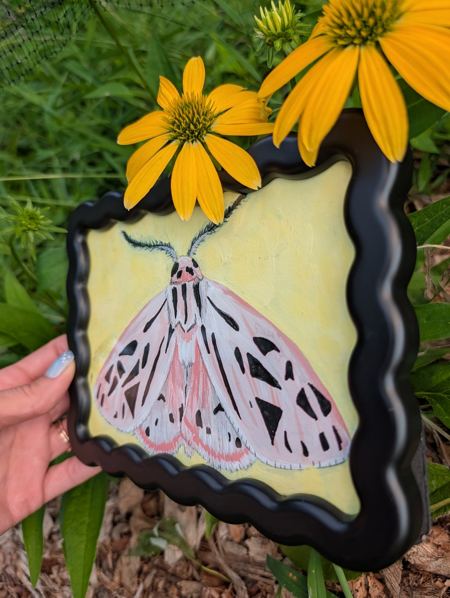 Original mixed media painting of pink moth with delicate black markings and fluffy antennae on soft yellow background in black wavy frame