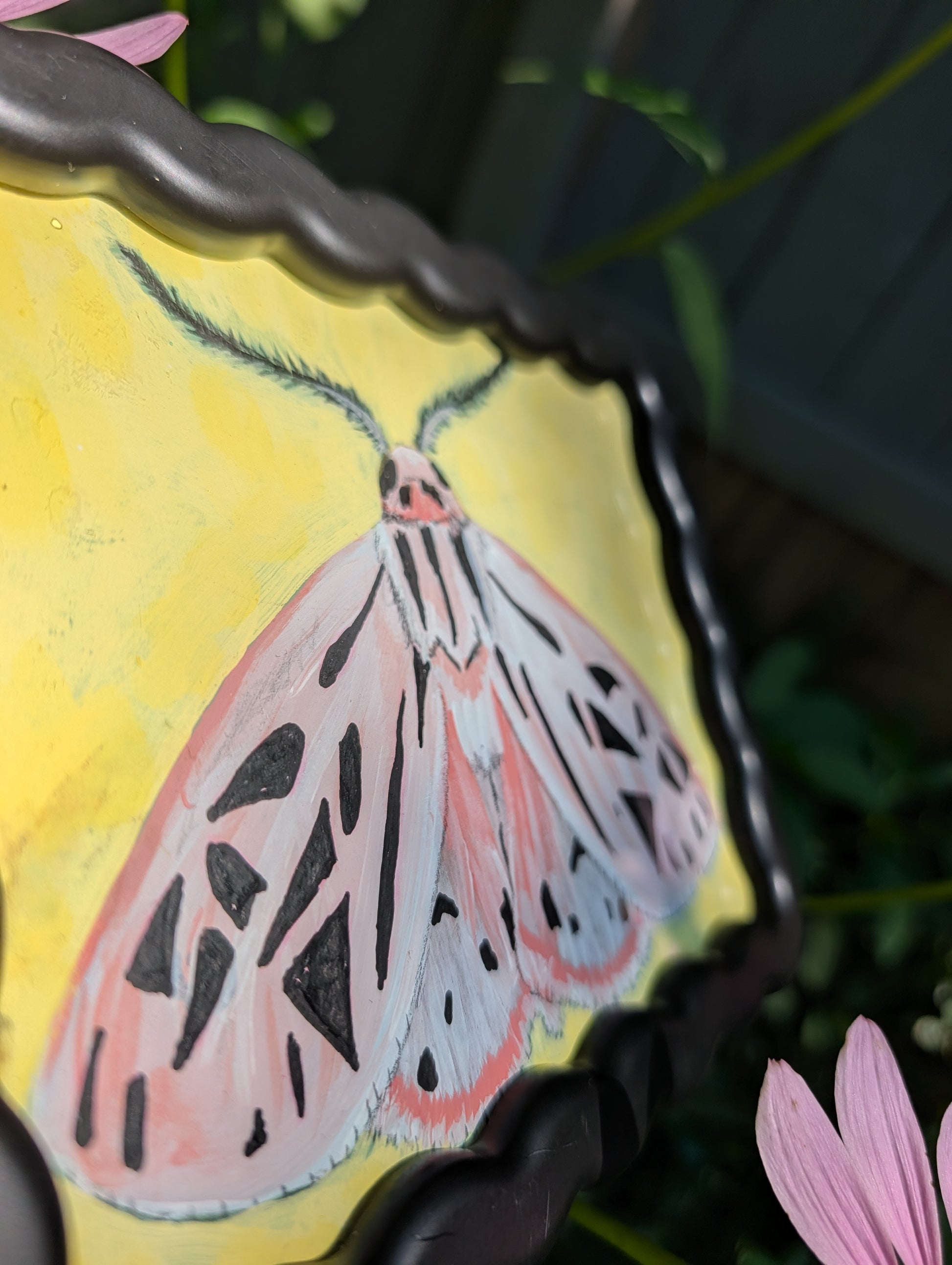 Original mixed media painting of pink moth with delicate black markings and fluffy antennae on soft yellow background in black wavy frame