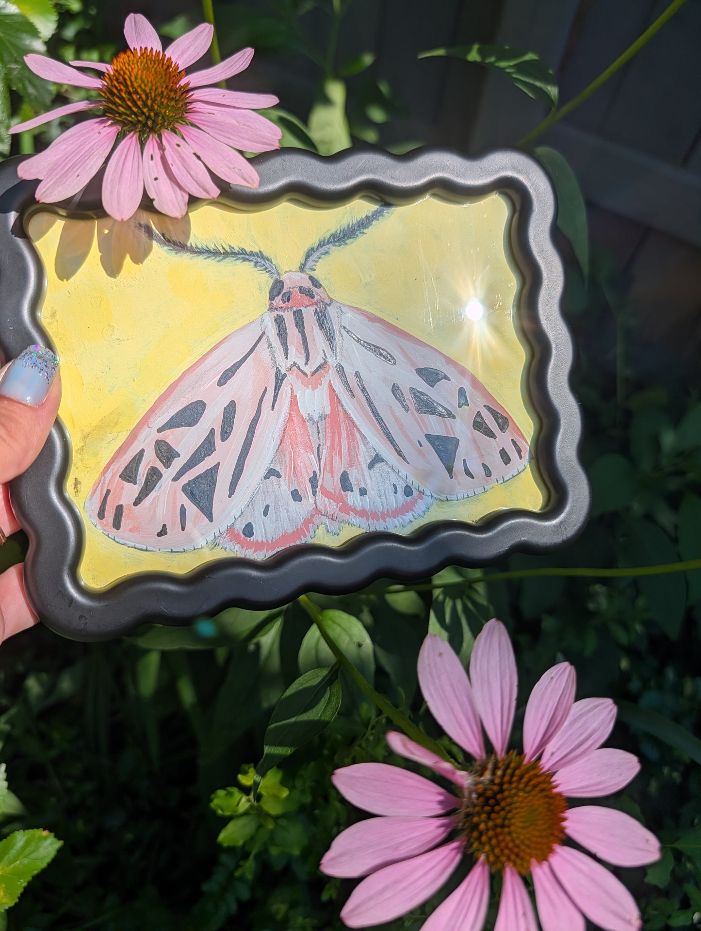 Original mixed media painting of pink moth with delicate black markings and fluffy antennae on soft yellow background in black wavy frame