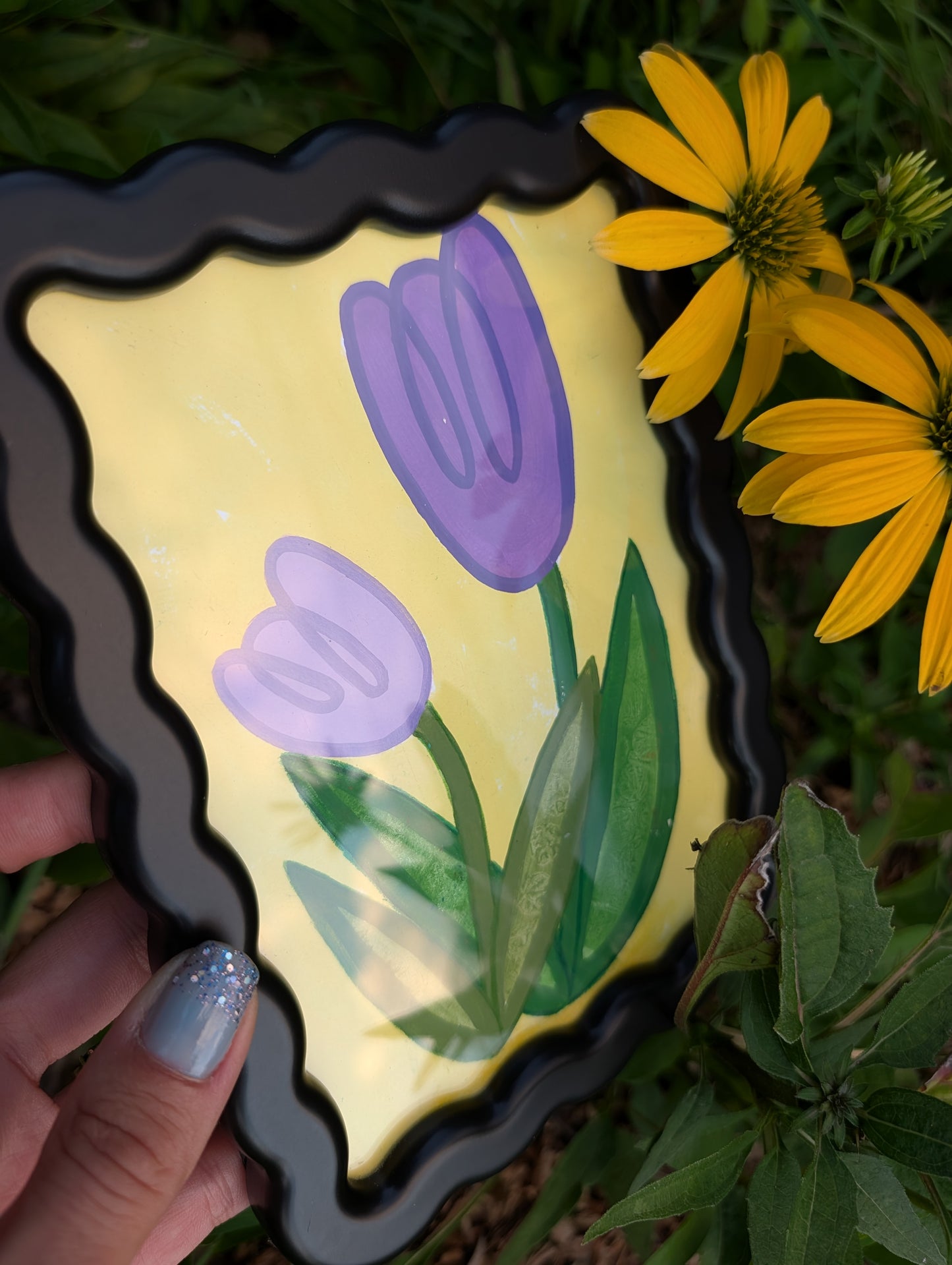 Original acrylic painting of whimsical purple tulips on yellow background in black wavy picture frame
