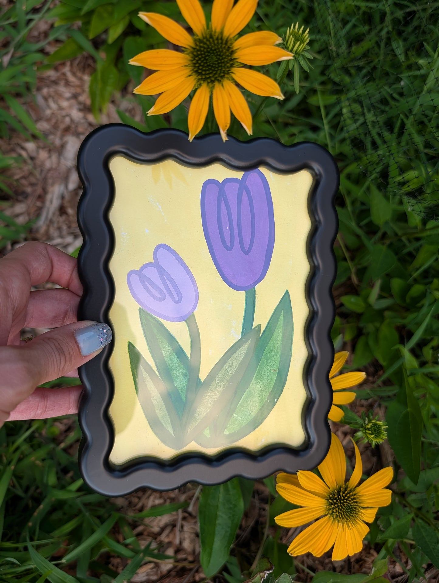 Original acrylic painting of whimsical purple tulips on yellow background in black wavy picture frame