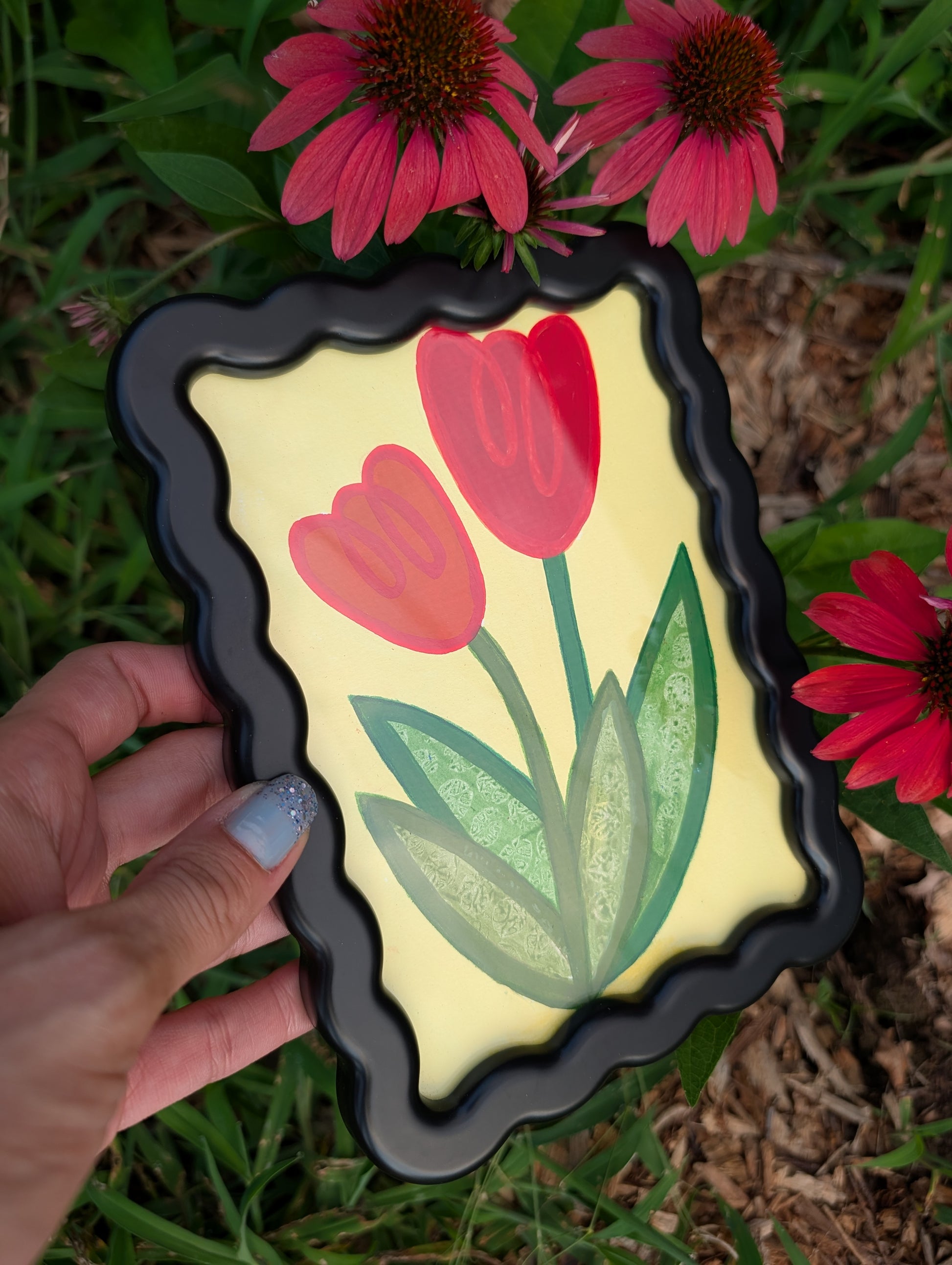 Original acrylic painting of whimsical red tulips on yellow background in black wavy picture frame
