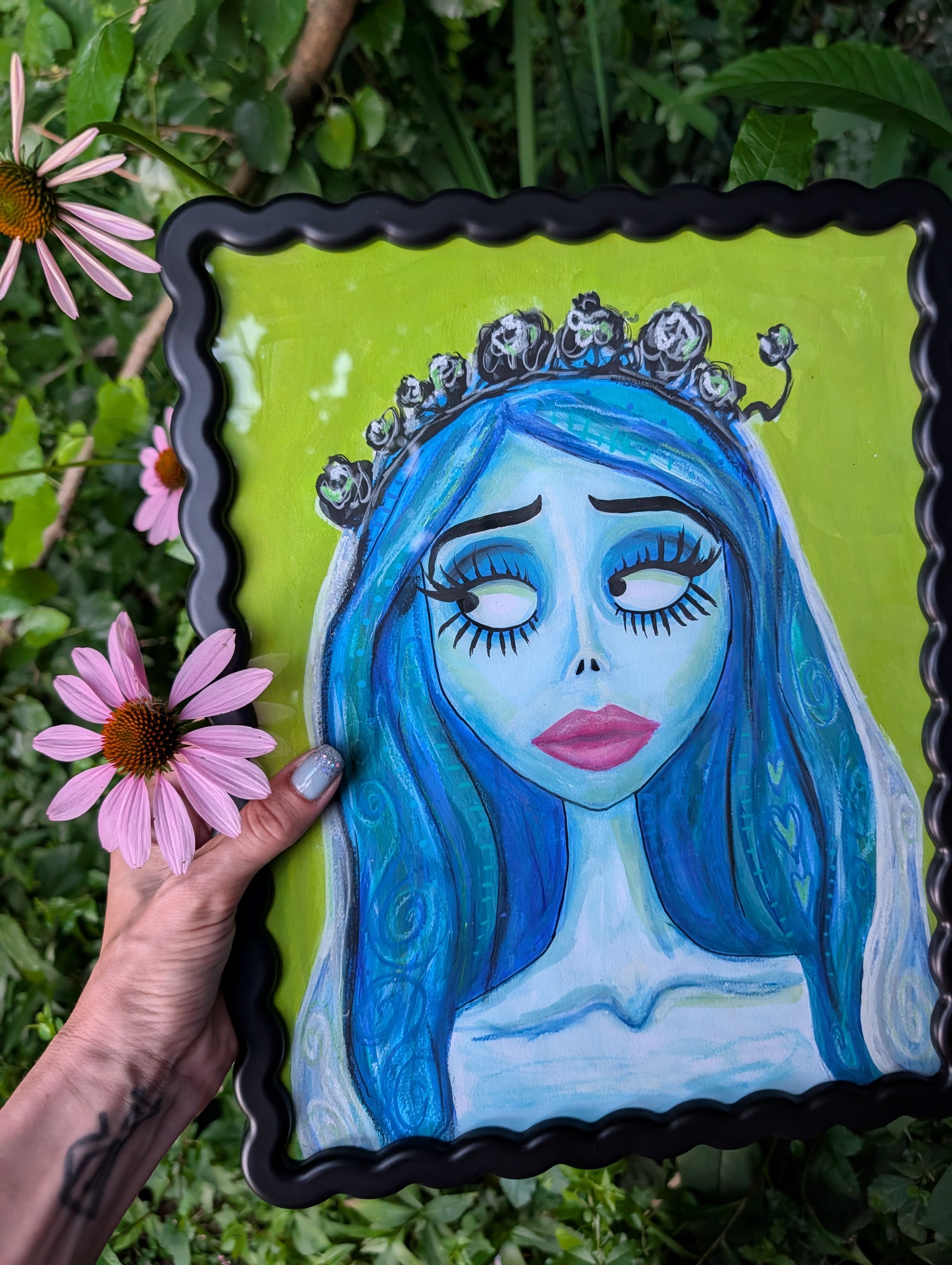 Original mixed media portrait of the Corpse Bride with blue skin and heart details in hair on lime green background in black wavy frame