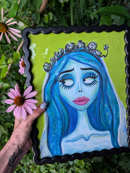 Original mixed media portrait of the Corpse Bride with blue skin and heart details in hair on lime green background in black wavy frame