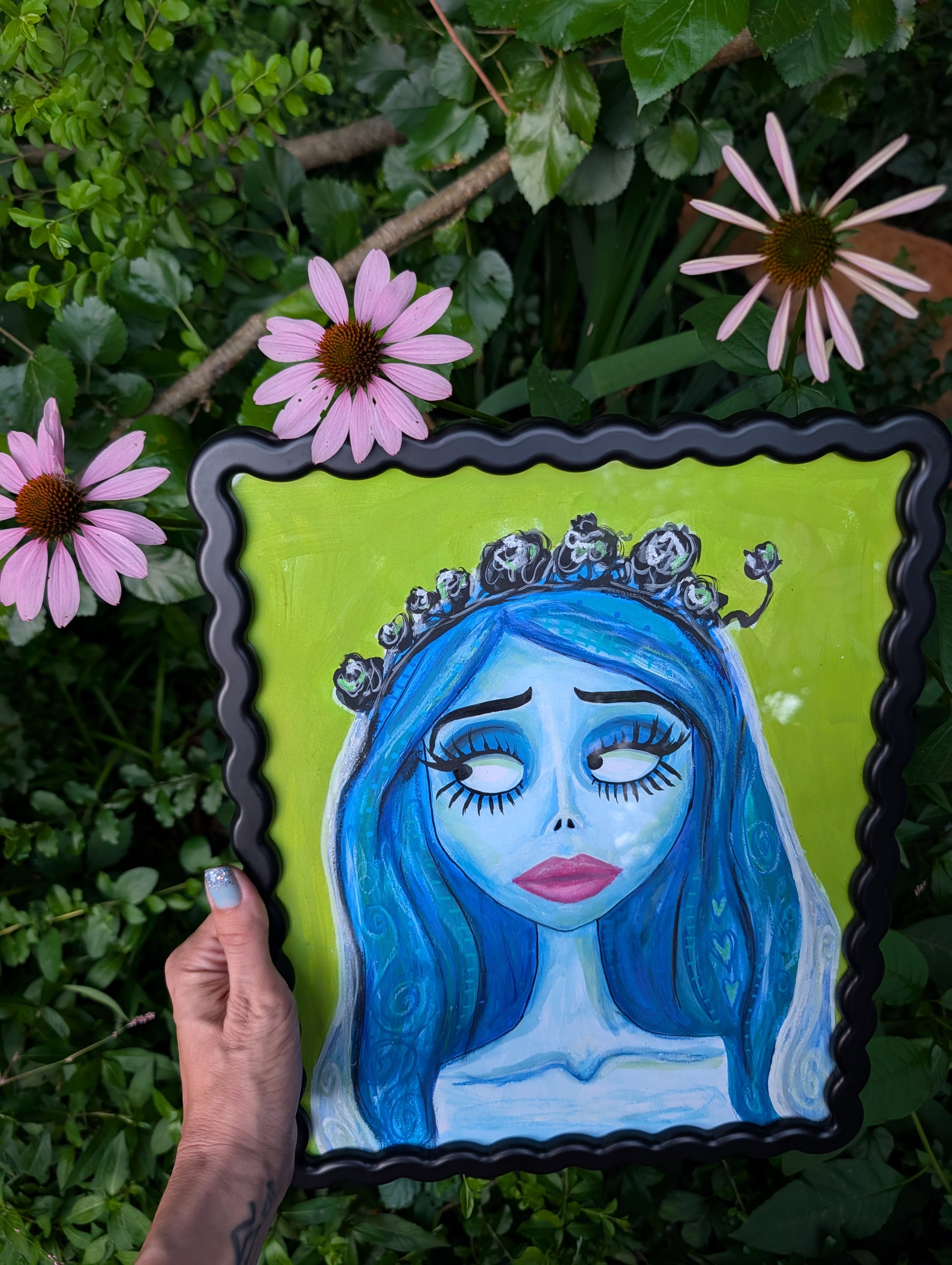 Original mixed media portrait of the Corpse Bride with blue skin and heart details in hair on lime green background in black wavy frame