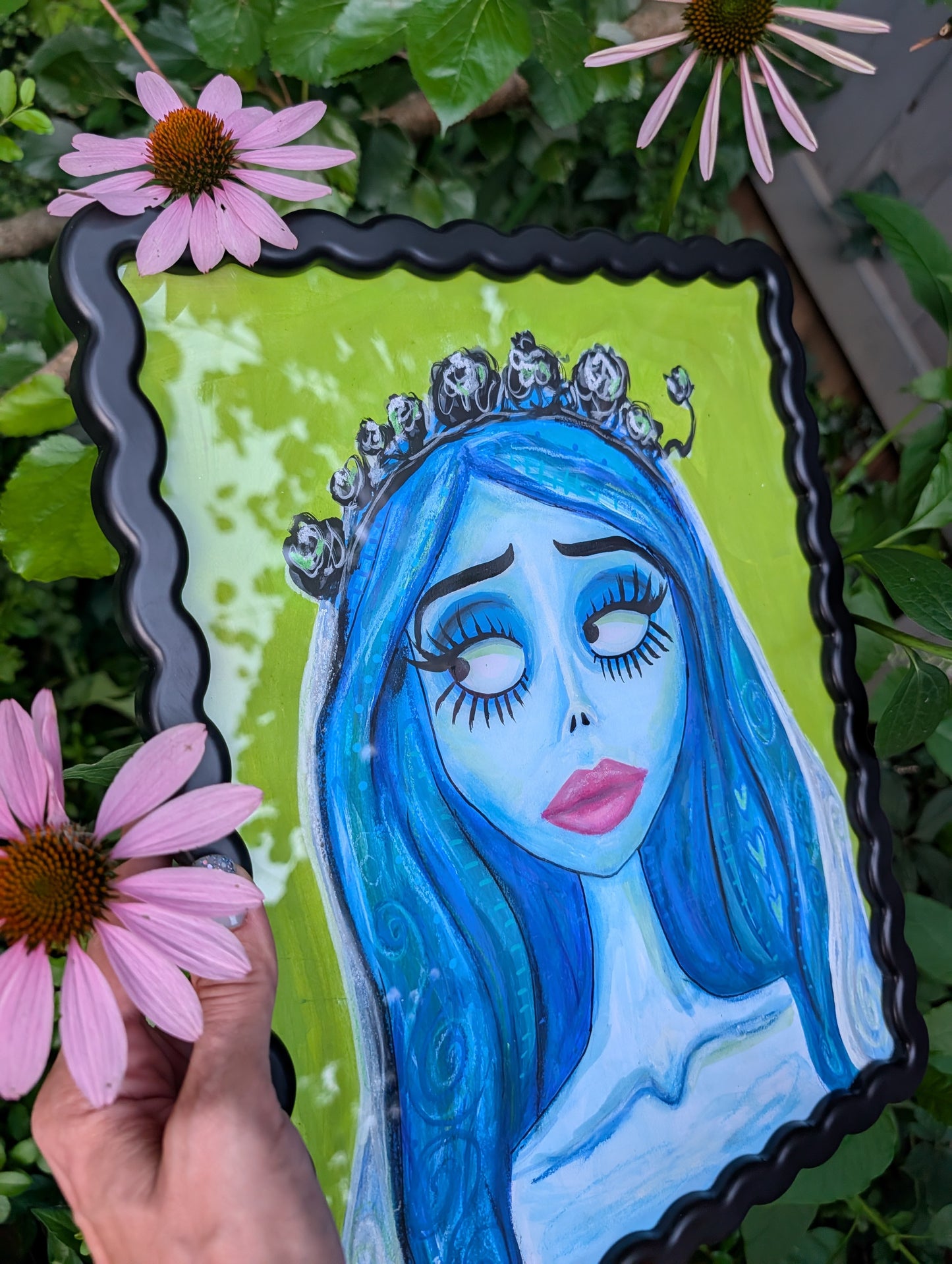 Original mixed media portrait of the Corpse Bride with blue skin and heart details in hair on lime green background in black wavy frame