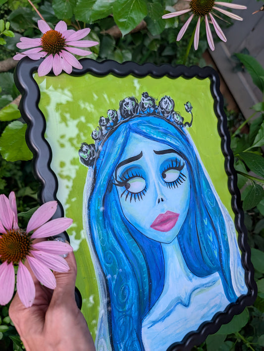 Original mixed media portrait of the Corpse Bride with blue skin and heart details in hair on lime green background in black wavy frame