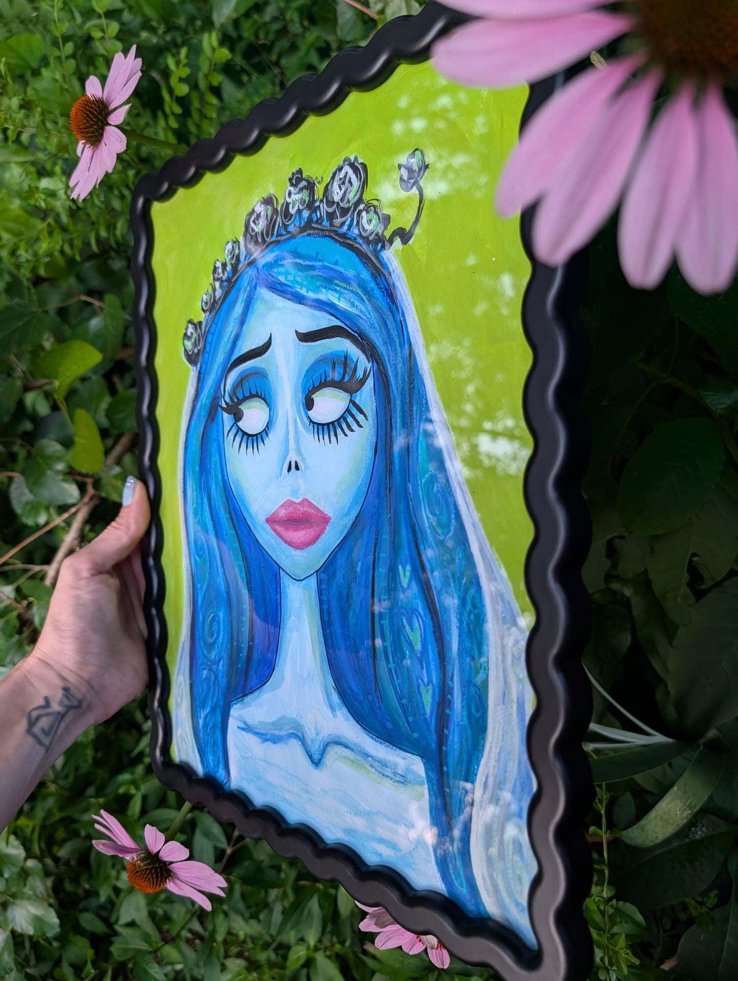 Original mixed media portrait of the Corpse Bride with blue skin and heart details in hair on lime green background in black wavy frame
