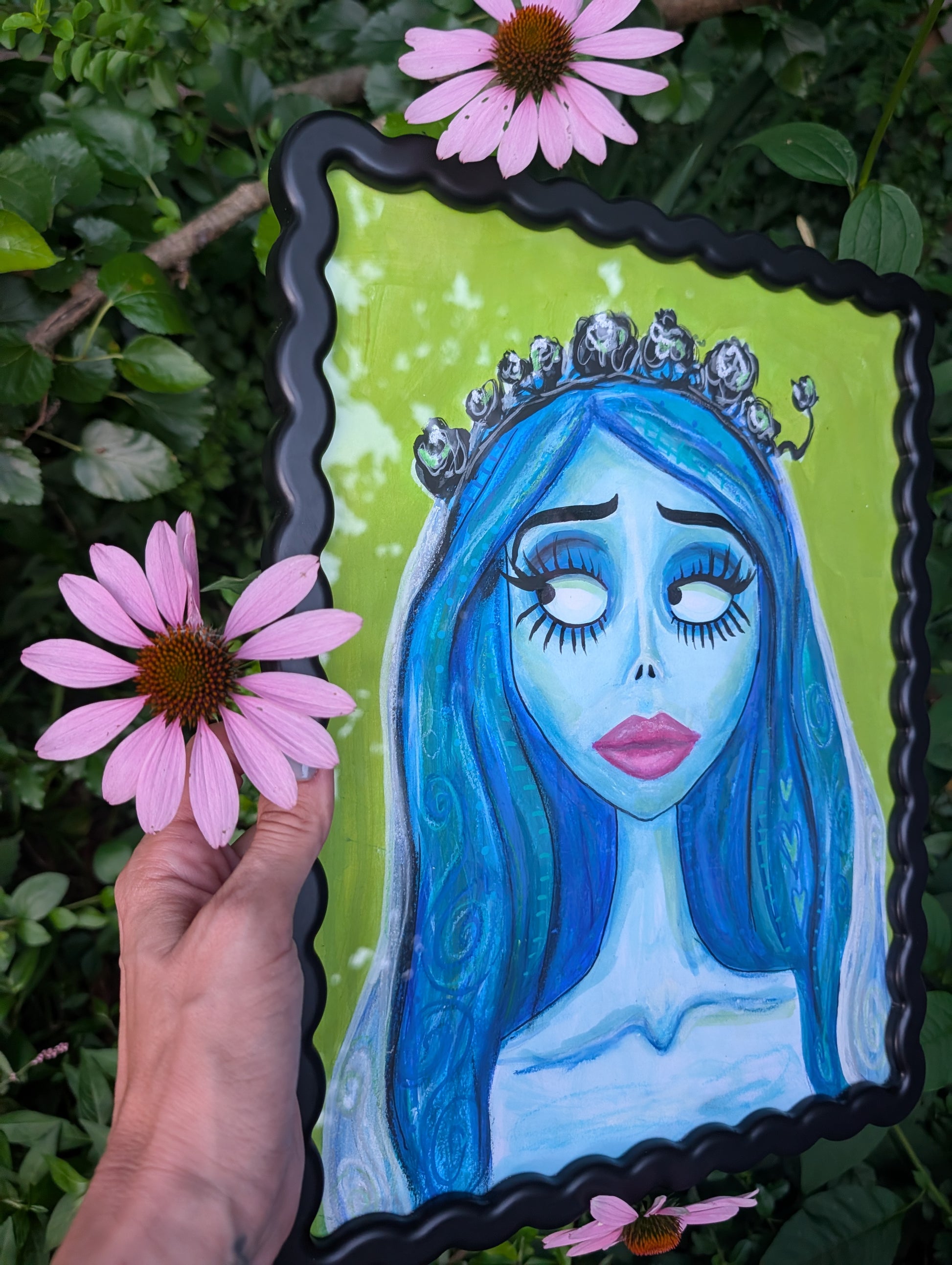 Original mixed media portrait of the Corpse Bride with blue skin and heart details in hair on lime green background in black wavy frame