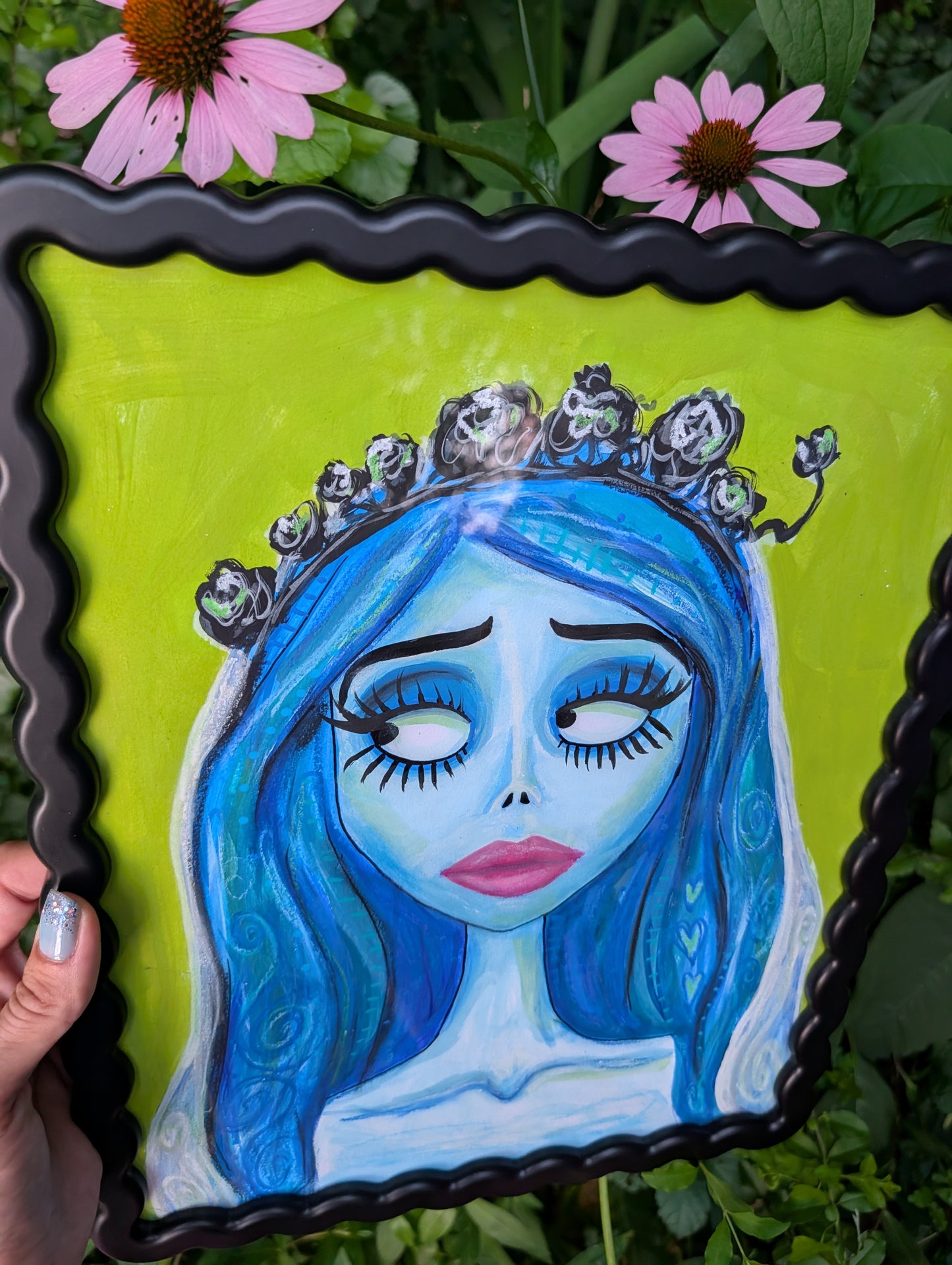 Original mixed media portrait of the Corpse Bride with blue skin and heart details in hair on lime green background in black wavy frame