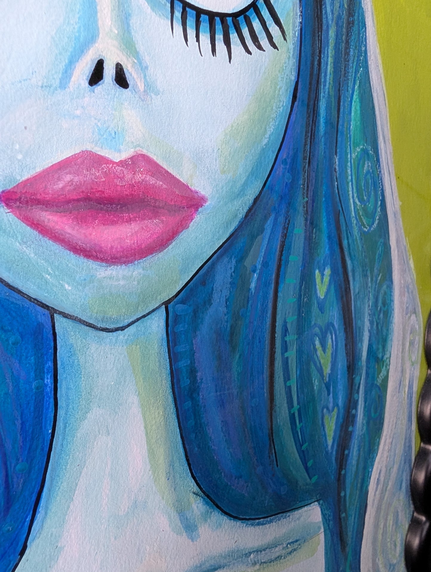 Original mixed media portrait of the Corpse Bride with blue skin and heart details in hair on lime green background in black wavy frame