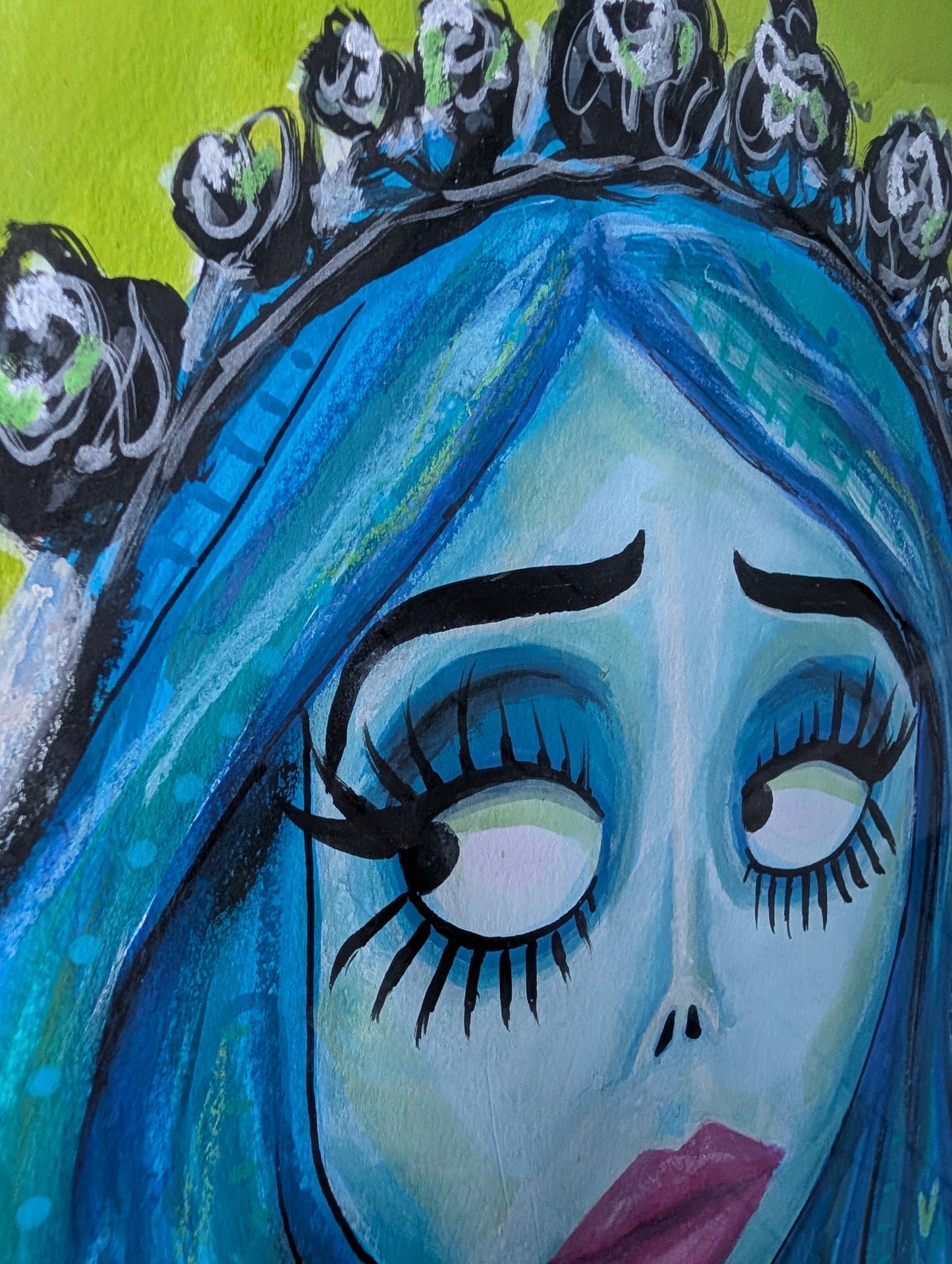 Original mixed media portrait of the Corpse Bride with blue skin and heart details in hair on lime green background in black wavy frame