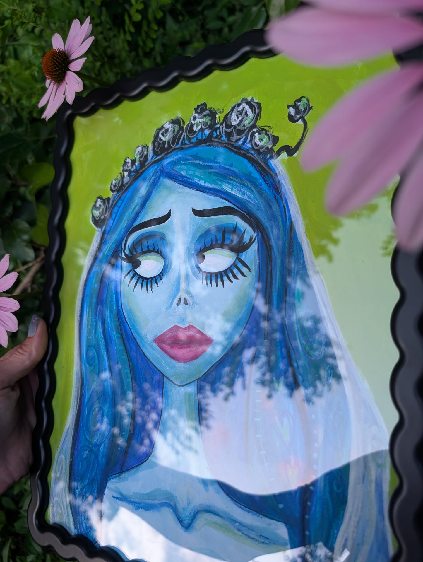 Original mixed media portrait of the Corpse Bride with blue skin and heart details in hair on lime green background in black wavy frame