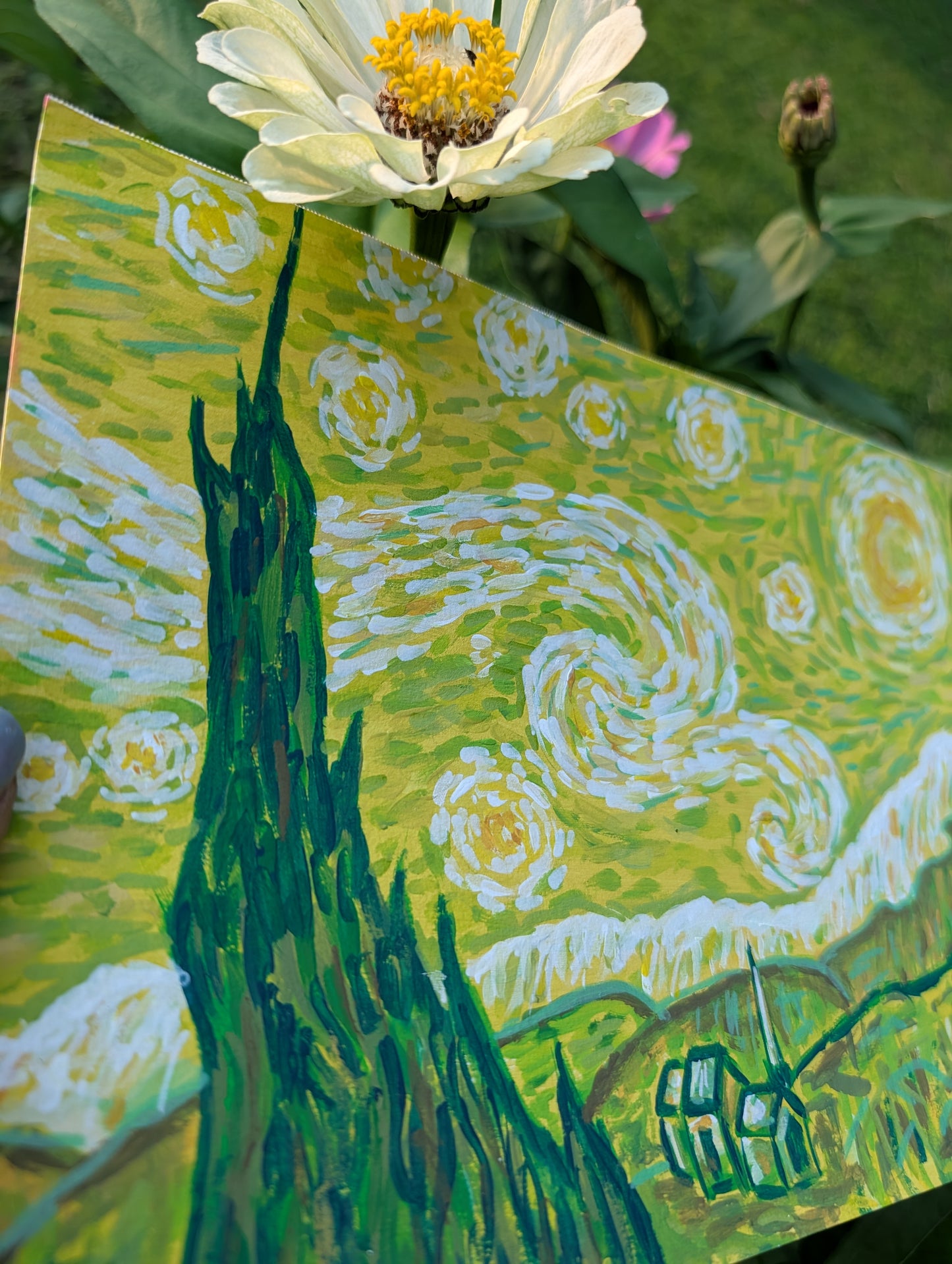 Starry Night in Green — Original Mixed Media Painting 7x10