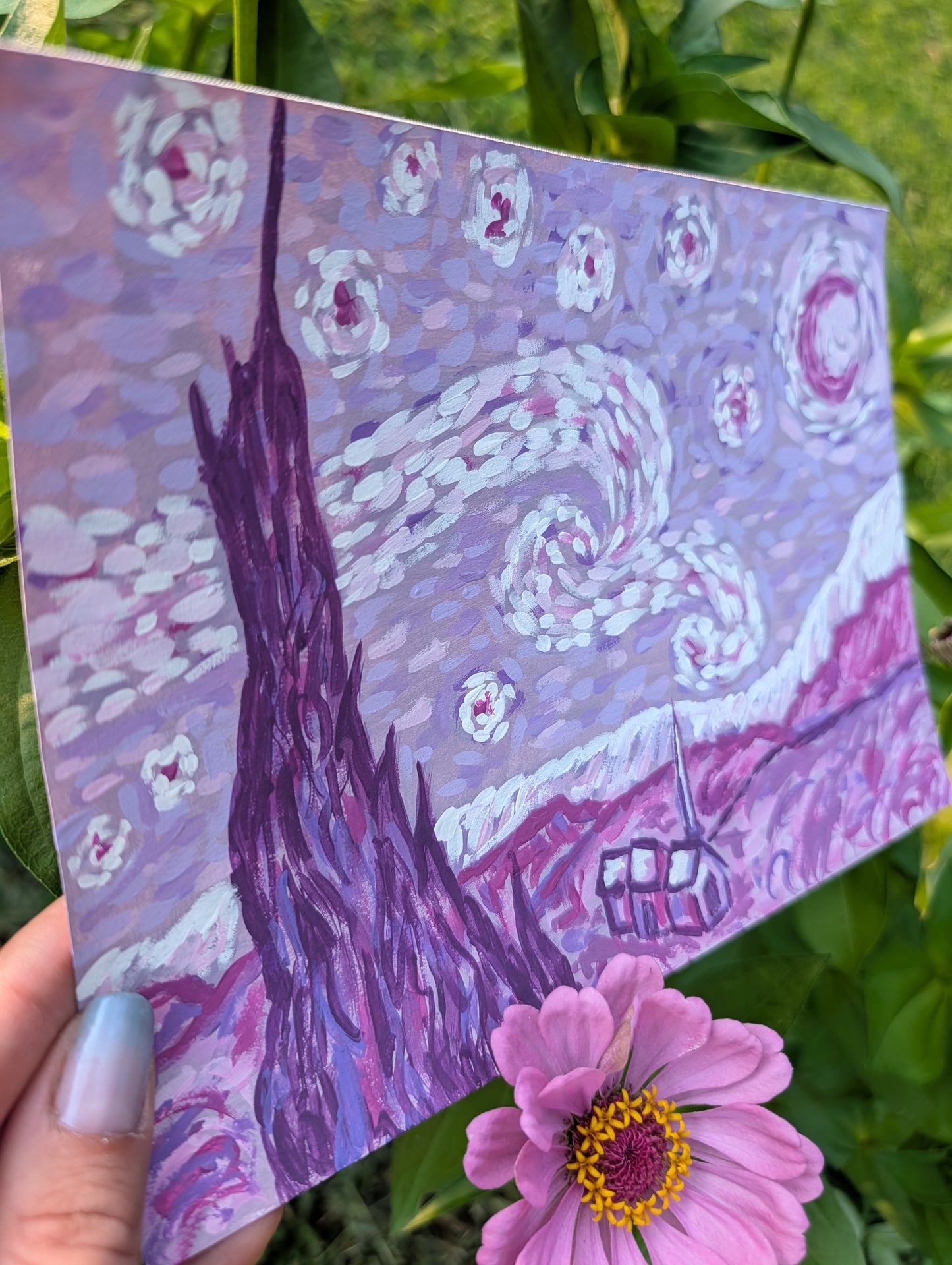 Starry Night in Purple — Original Mixed Media Painting 7x10
