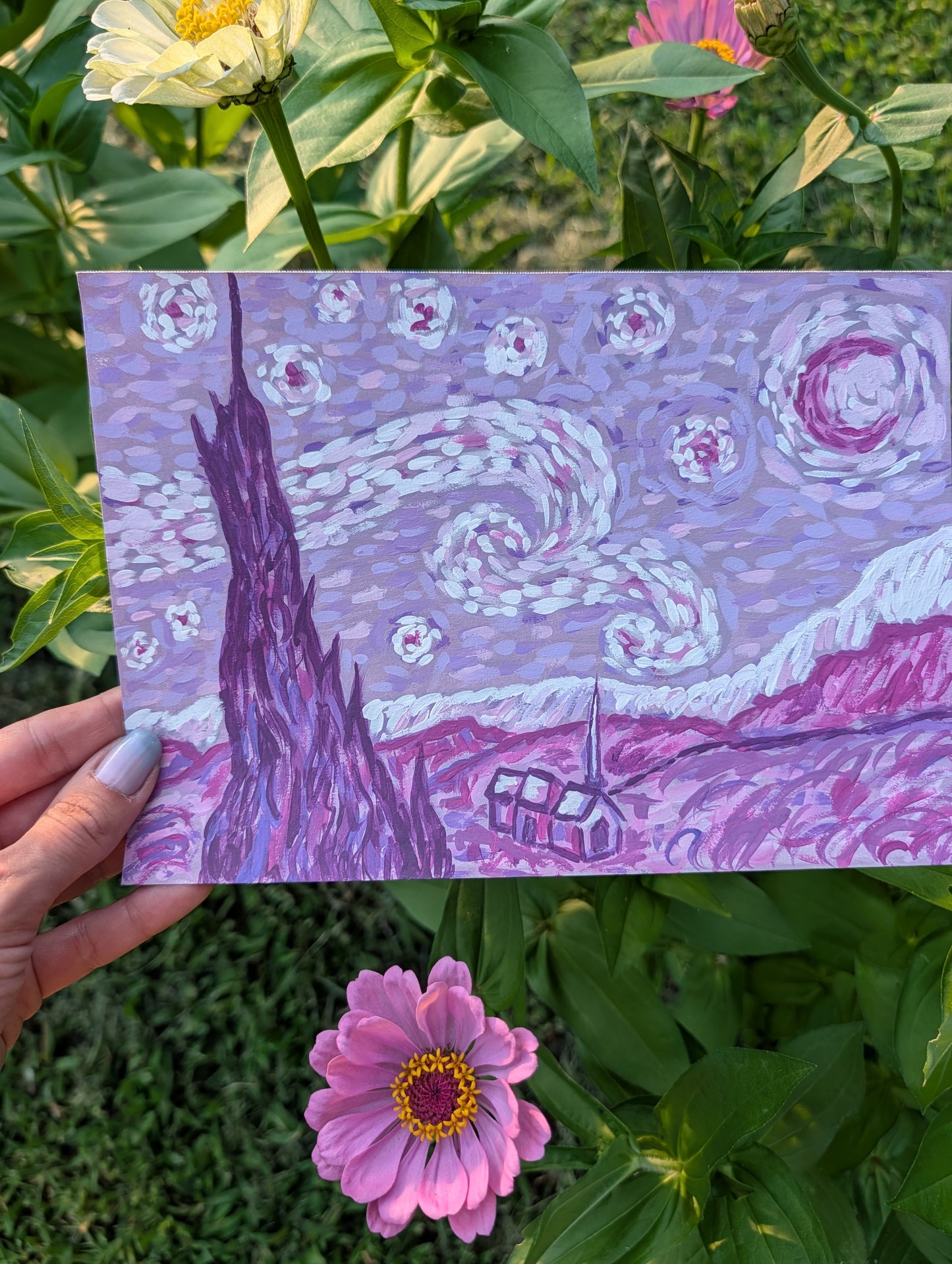 Starry Night in Purple — Original Mixed Media Painting 7x10