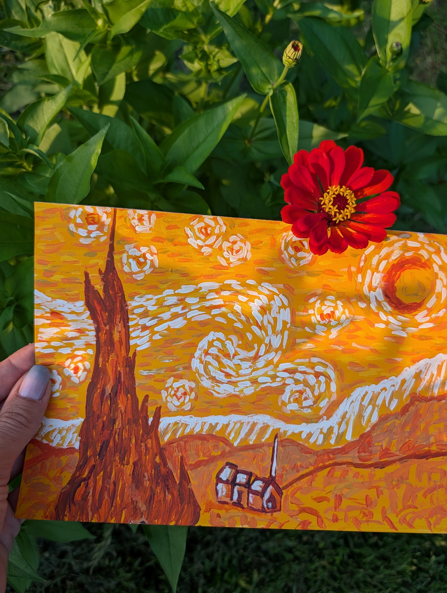 Starry Night in Orange — Original Mixed Media Painting 7x10
