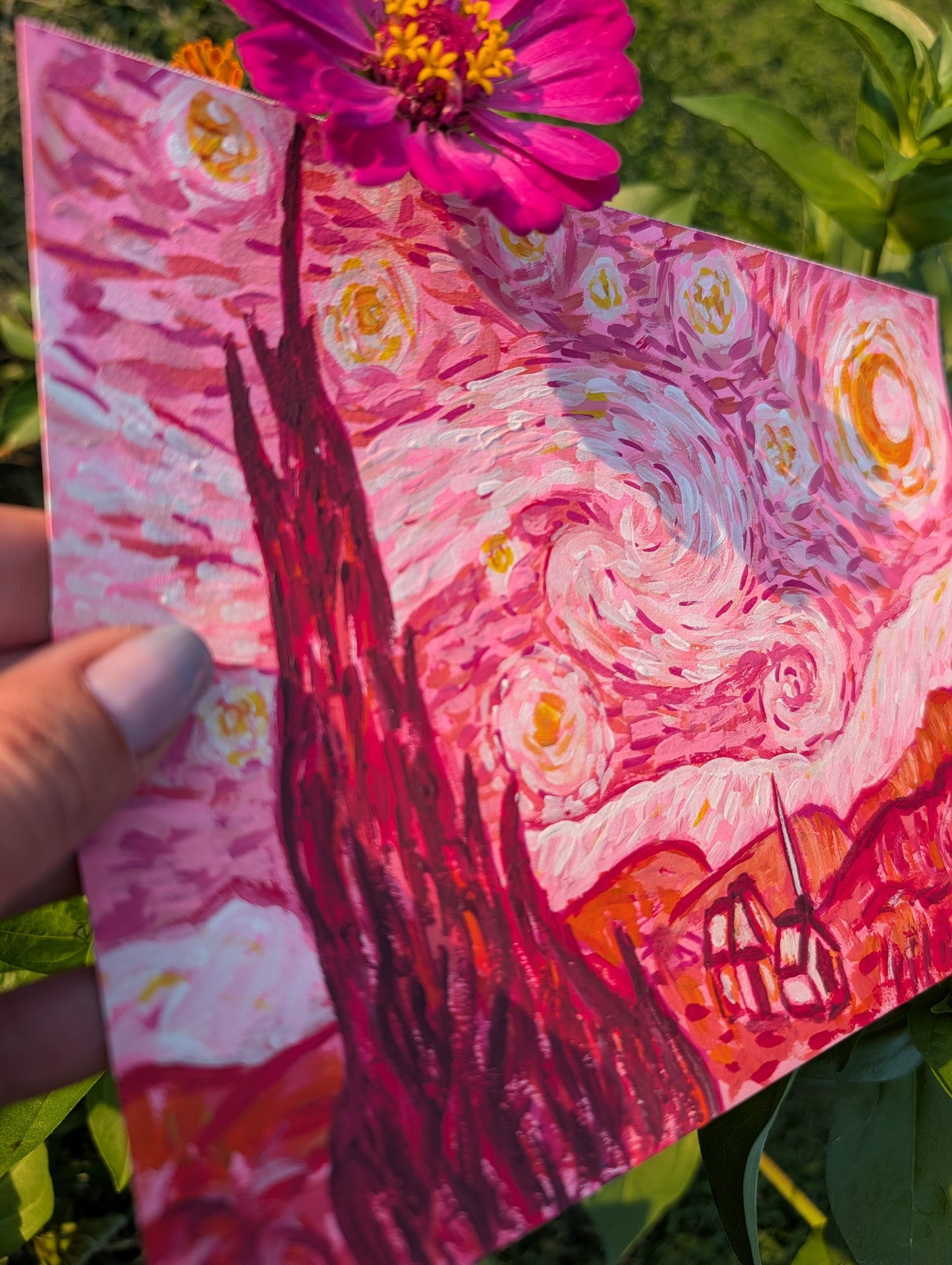 Starry Night in Pink — Original Mixed Media Painting 7x10