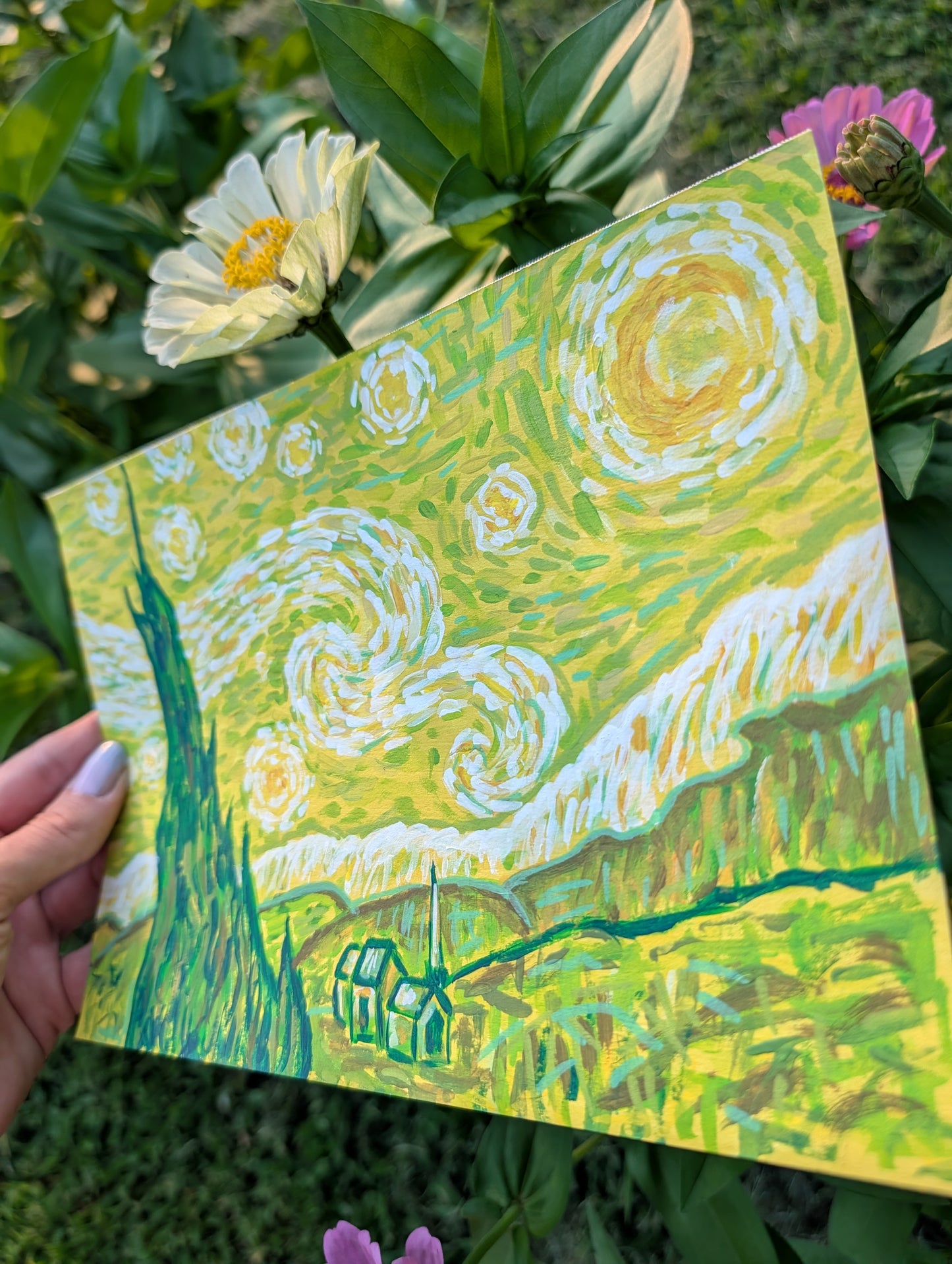 Starry Night in Green — Original Mixed Media Painting 7x10