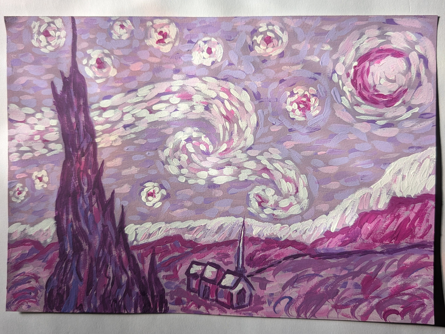 Starry Night in Purple — Original Mixed Media Painting 7x10
