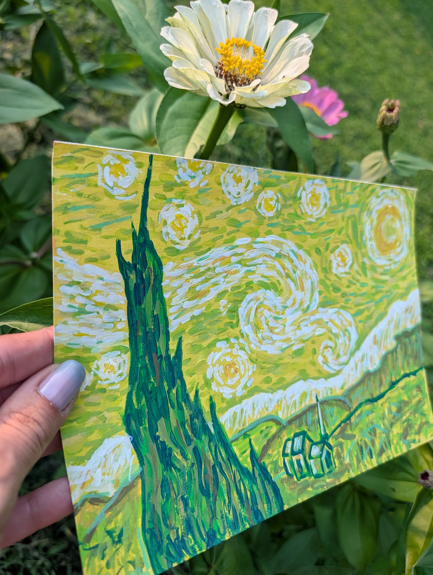 Starry Night in Green — Original Mixed Media Painting 7x10