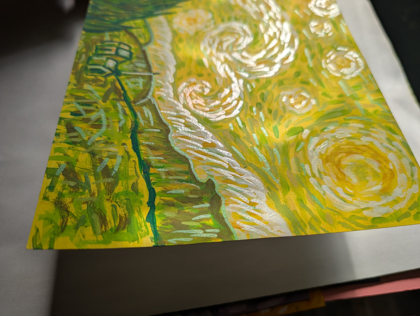 Starry Night in Green — Original Mixed Media Painting 7x10