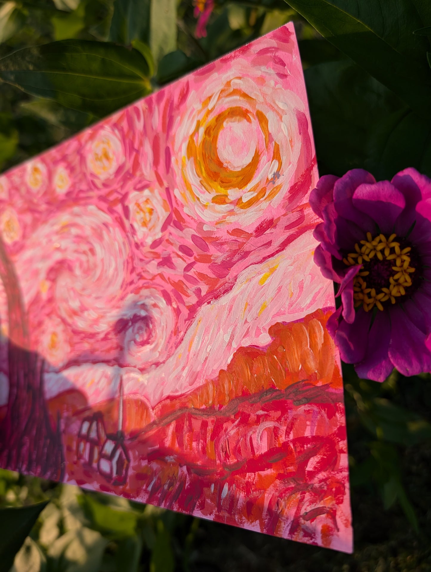 Starry Night in Pink — Original Mixed Media Painting 7x10