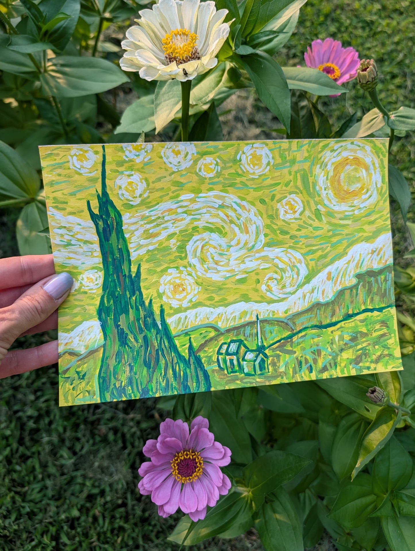 Original mixed media painting of Van Gogh Starry Night reimagined in green colorway on mixed media paper 7x10 inches