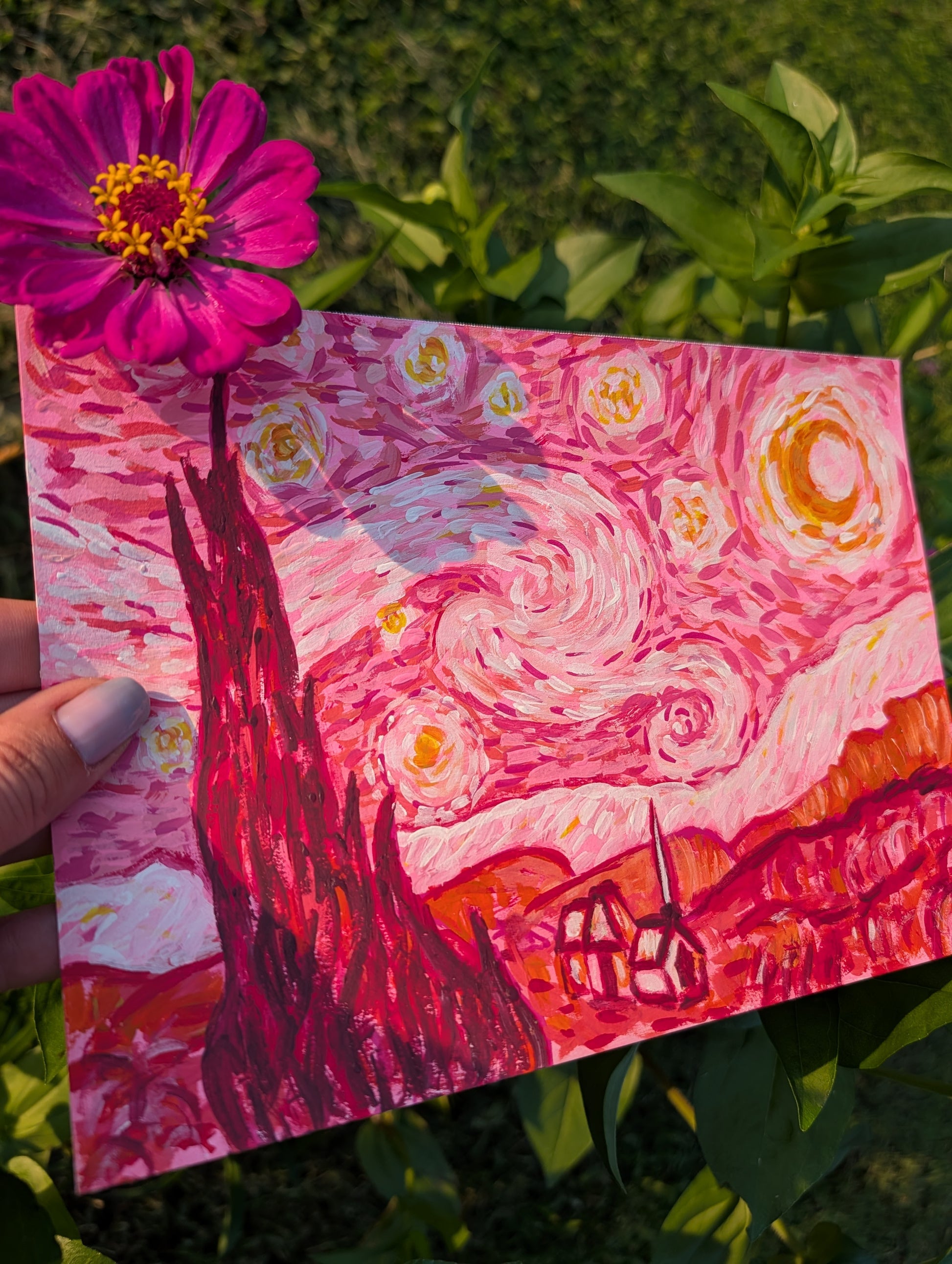 Original mixed media painting of Van Gogh Starry Night reimagined in pink and rose colorway on mixed media paper 7x10 inches