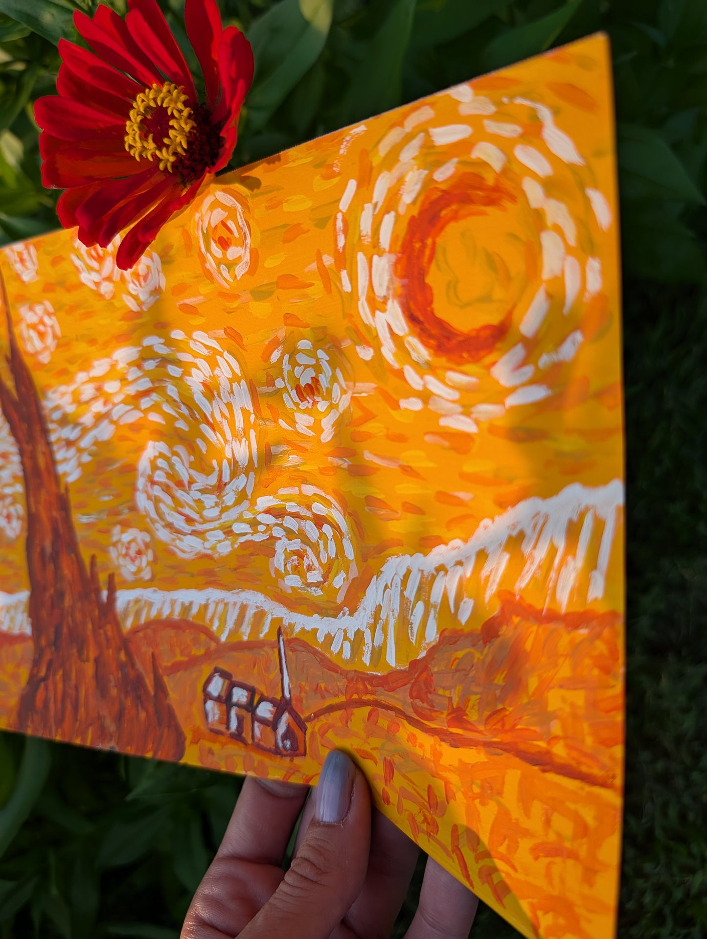 Starry Night in Orange — Original Mixed Media Painting 7x10