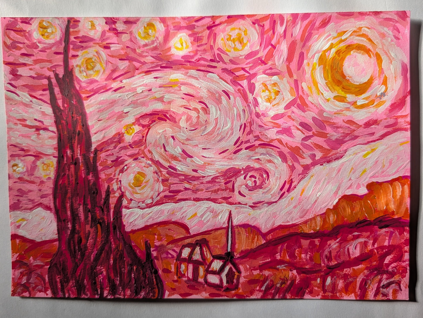 Starry Night in Pink — Original Mixed Media Painting 7x10