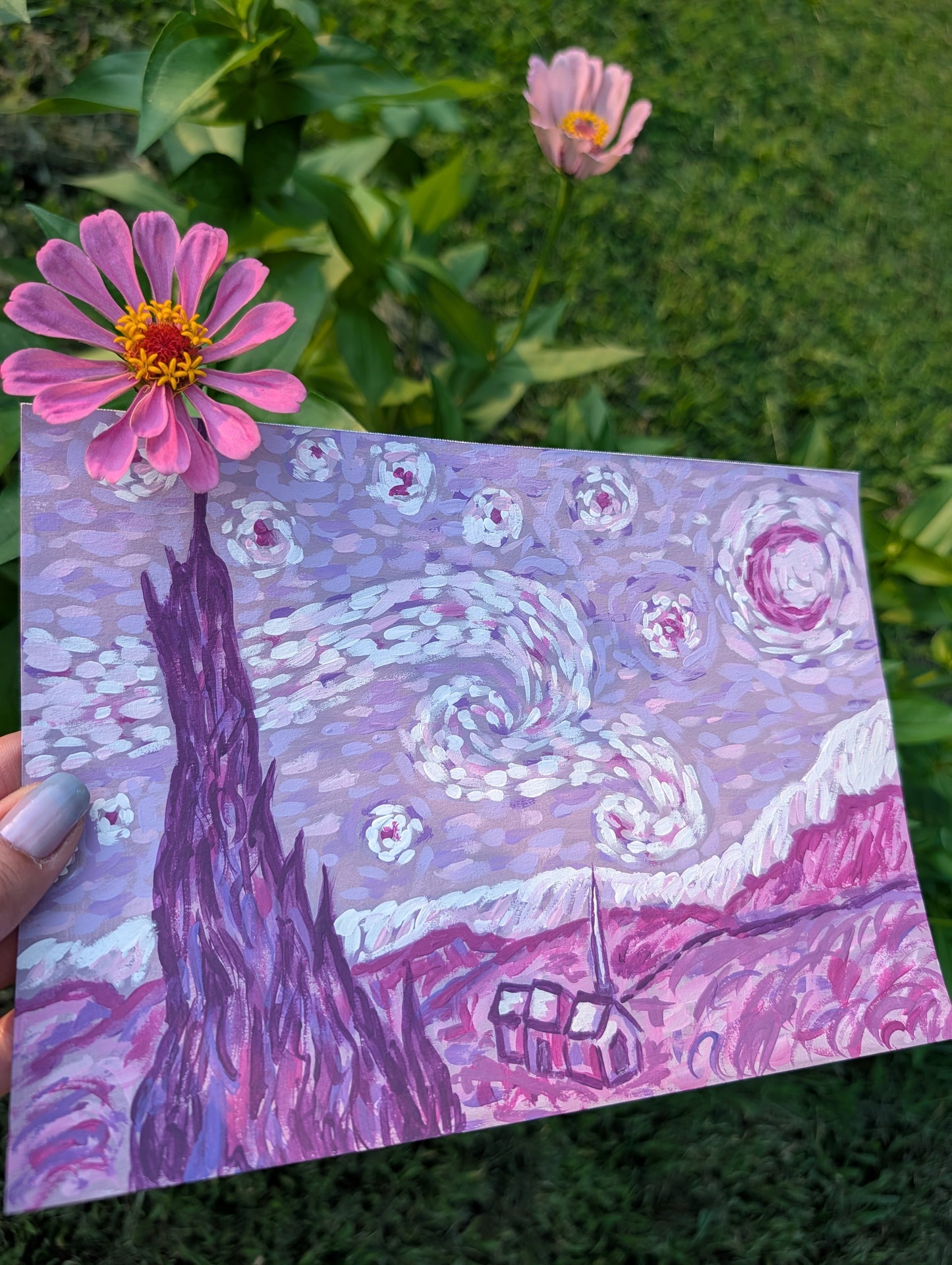 Original mixed media painting of Van Gogh Starry Night reimagined in deep purple and violet colorway on mixed media paper 7x10 inches
