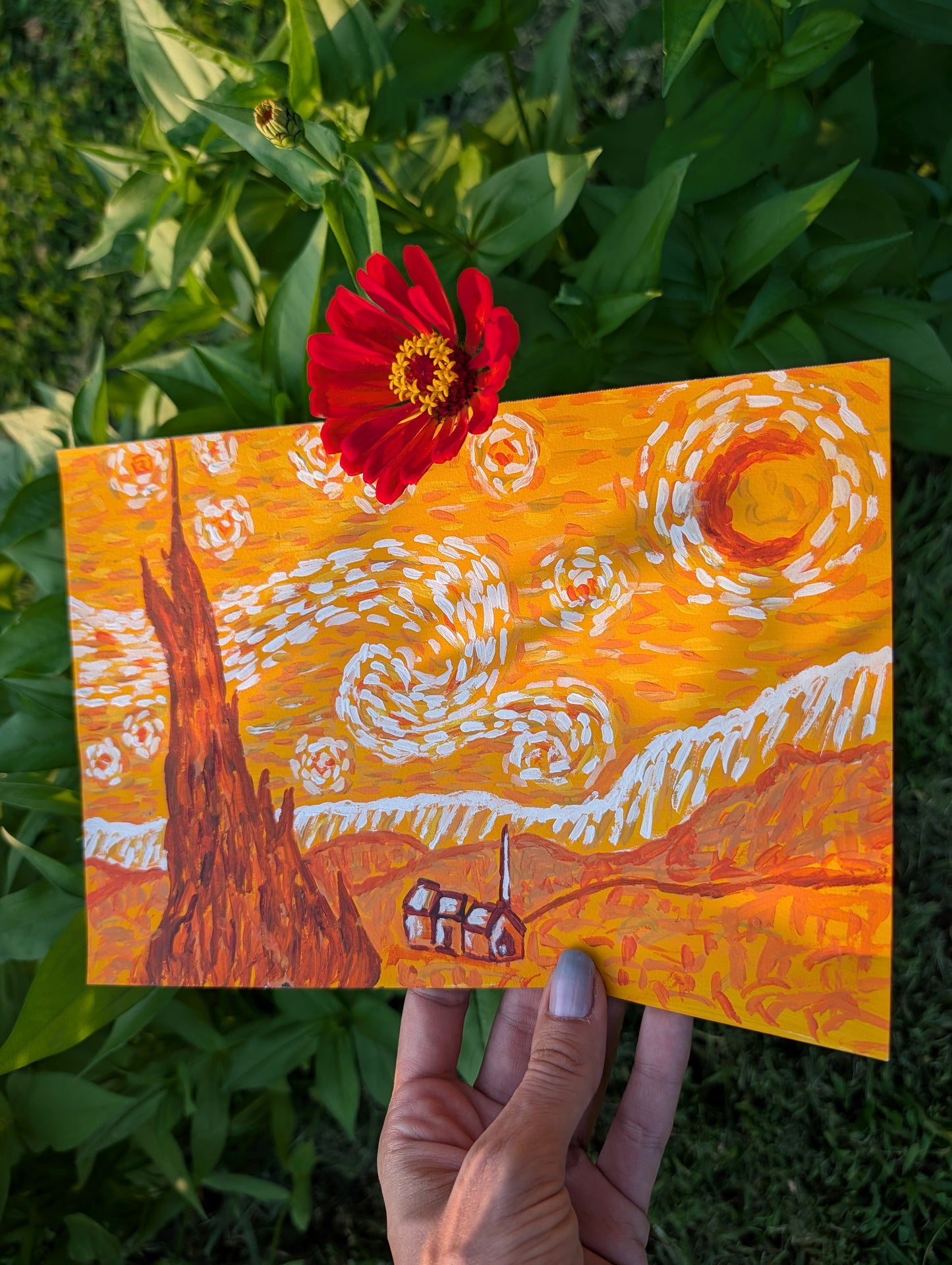 Starry Night in Orange — Original Mixed Media Painting 7x10