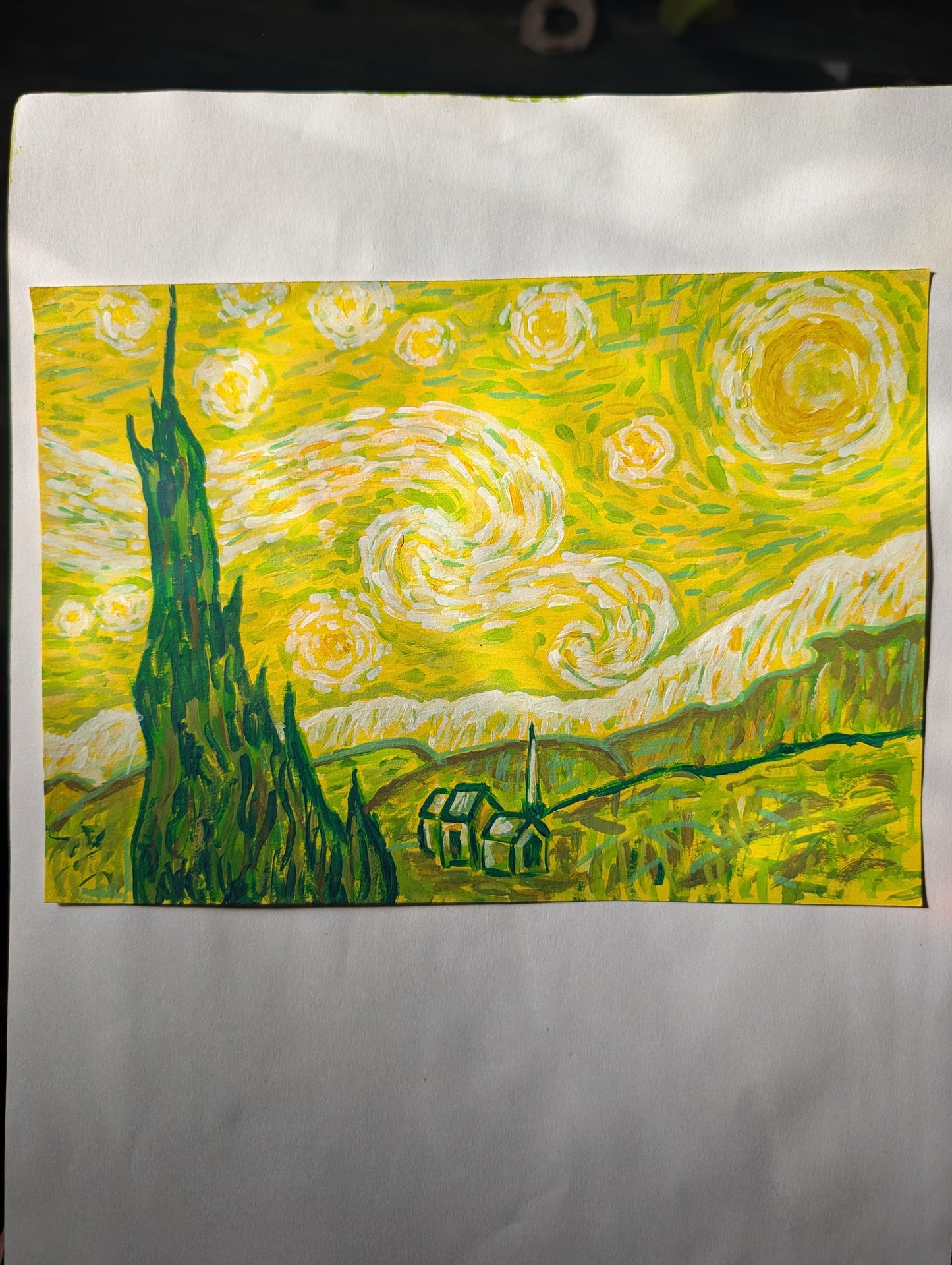 Starry Night in Green — Original Mixed Media Painting 7x10