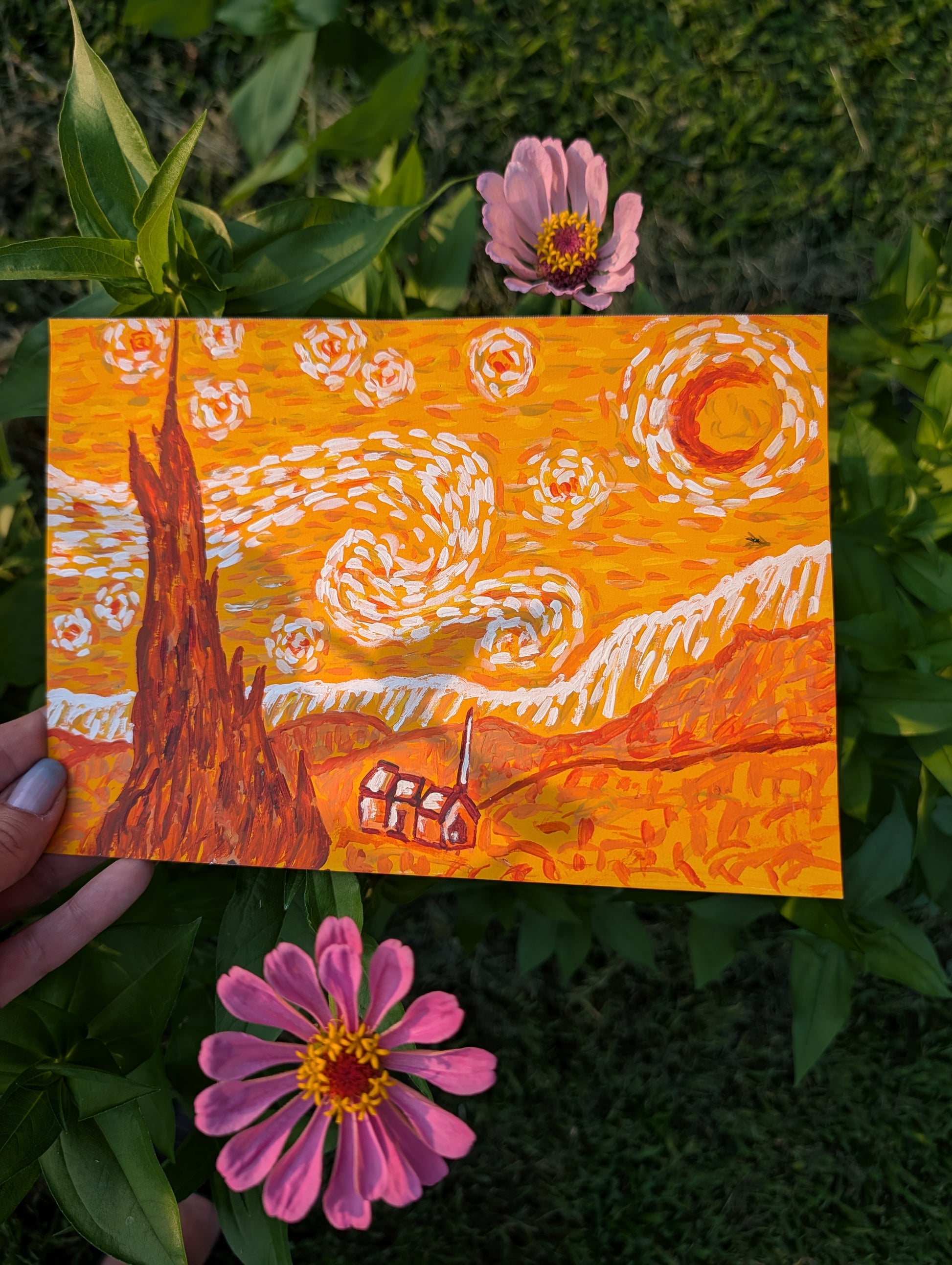 Original mixed media painting of Van Gogh Starry Night reimagined in orange and gold warm colorway on mixed media paper 7x10 inches