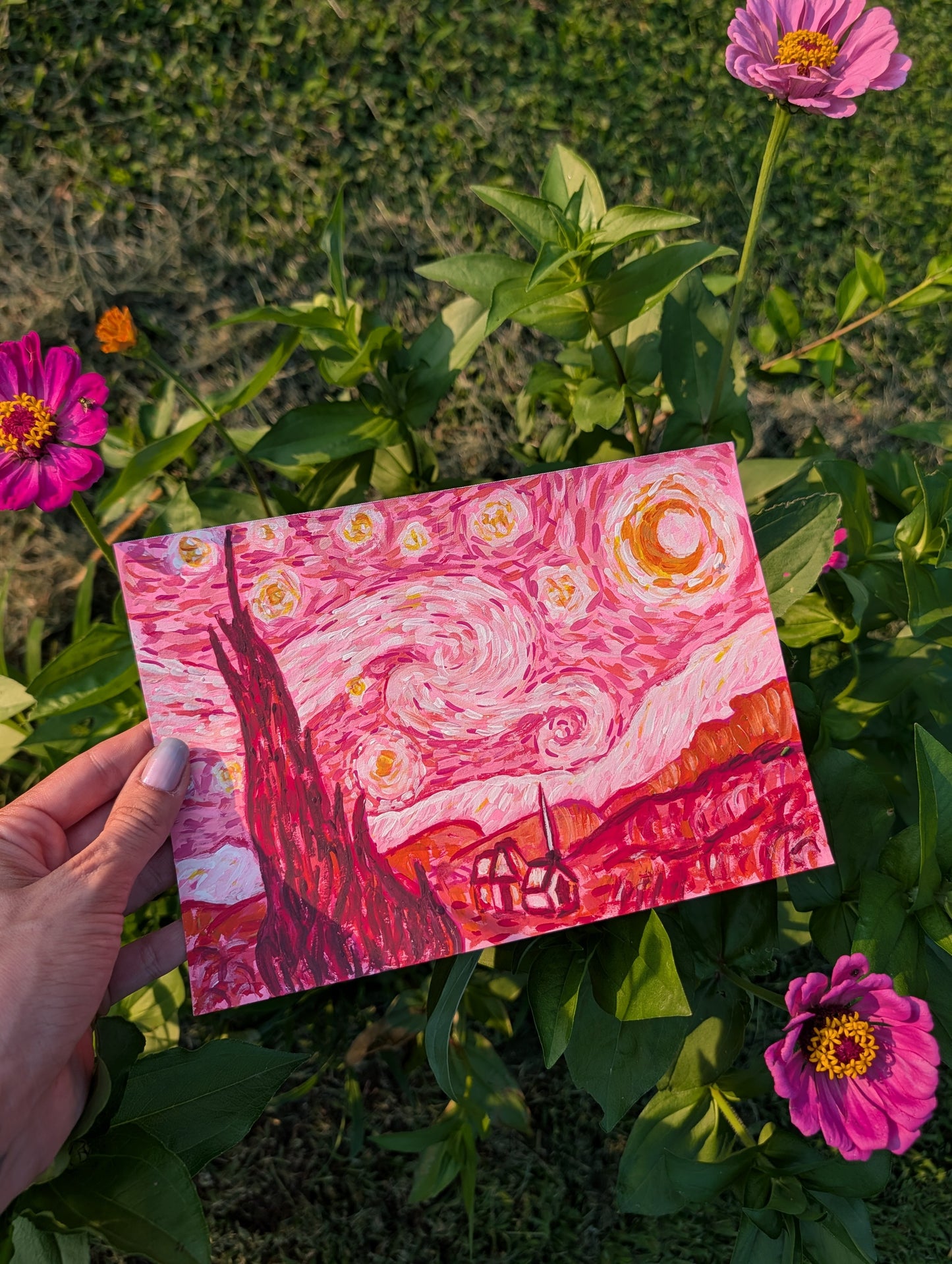 Starry Night in Pink — Original Mixed Media Painting 7x10