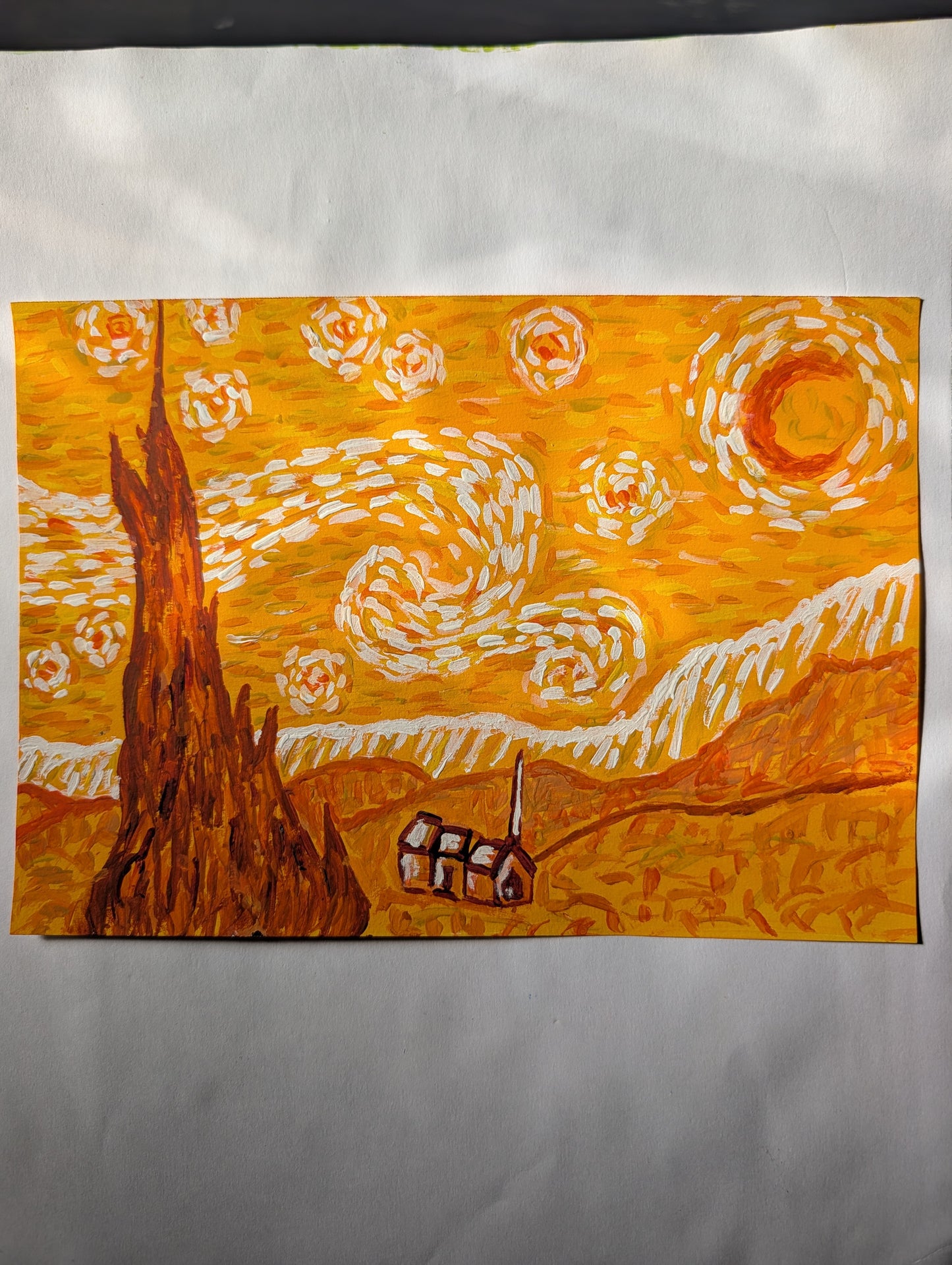 Starry Night in Orange — Original Mixed Media Painting 7x10