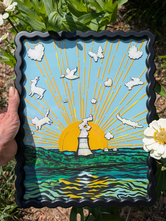 Original mixed media collage of Russellville Arkansas nuclear plant cooling tower with sun rays and animal shaped clouds in black wavy frame