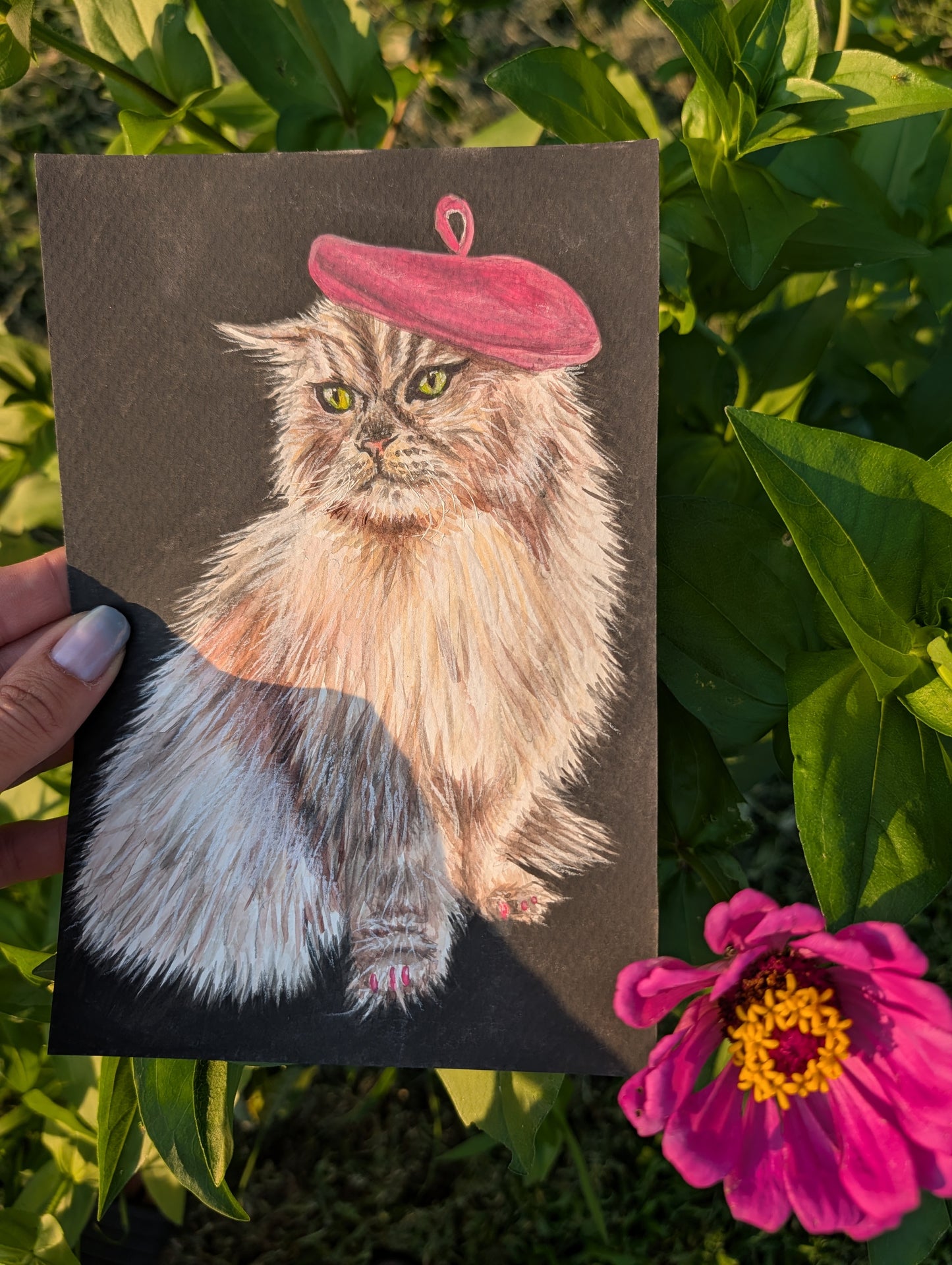 Original mixed media portrait of fluffy cat Clive wearing pink beret painted on mixed media paper 6x9 inches