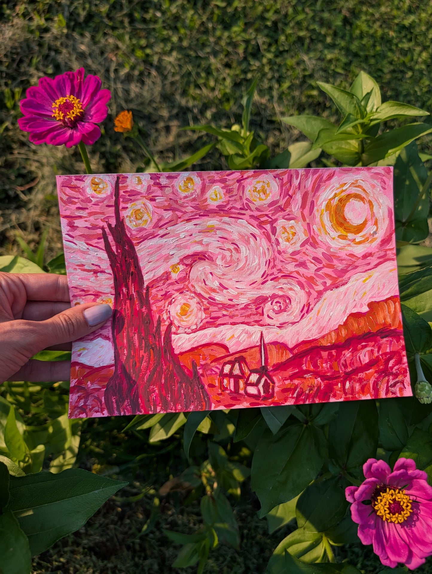 Starry Night in Pink — Original Mixed Media Painting 7x10