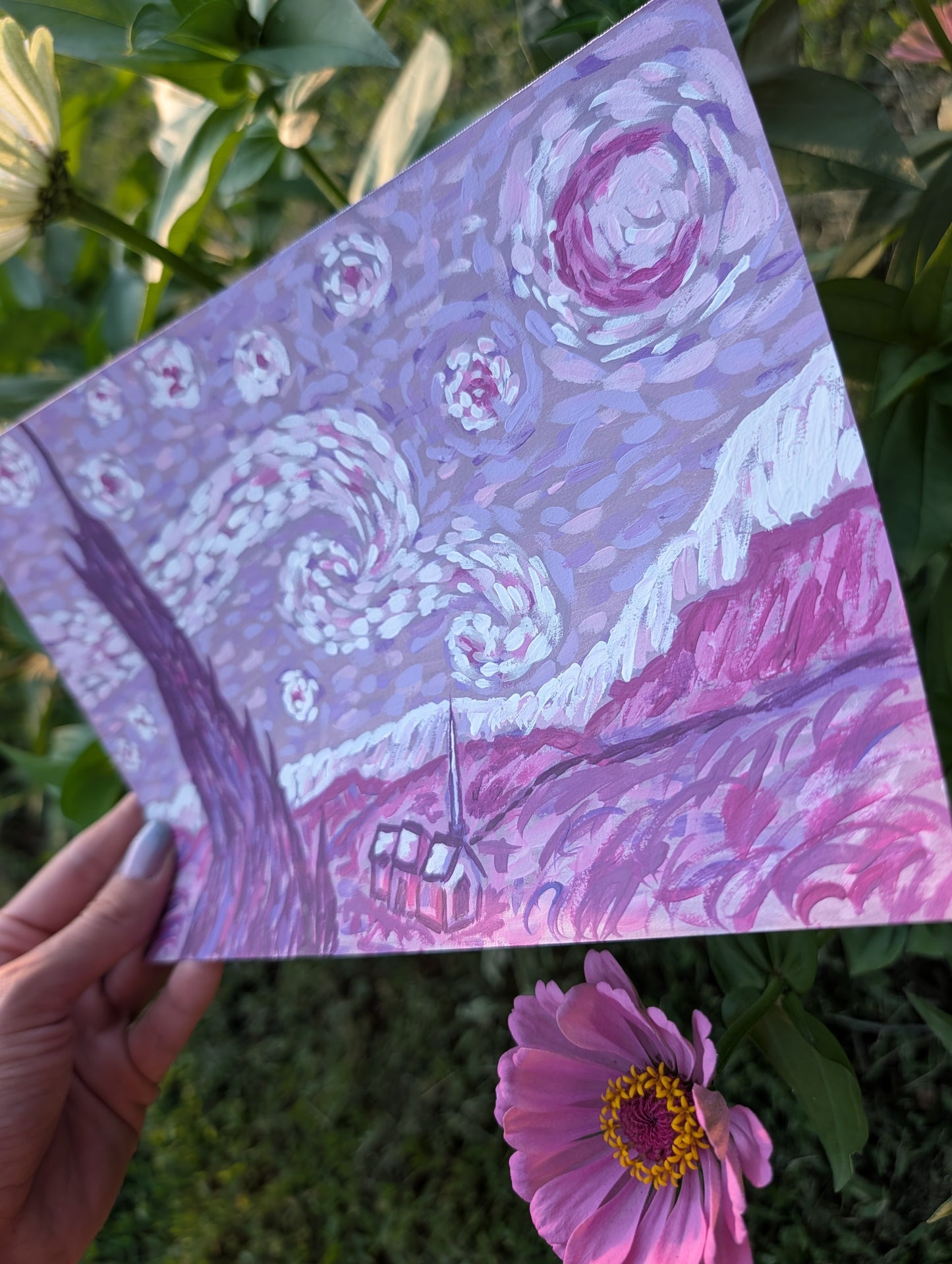 Starry Night in Purple — Original Mixed Media Painting 7x10