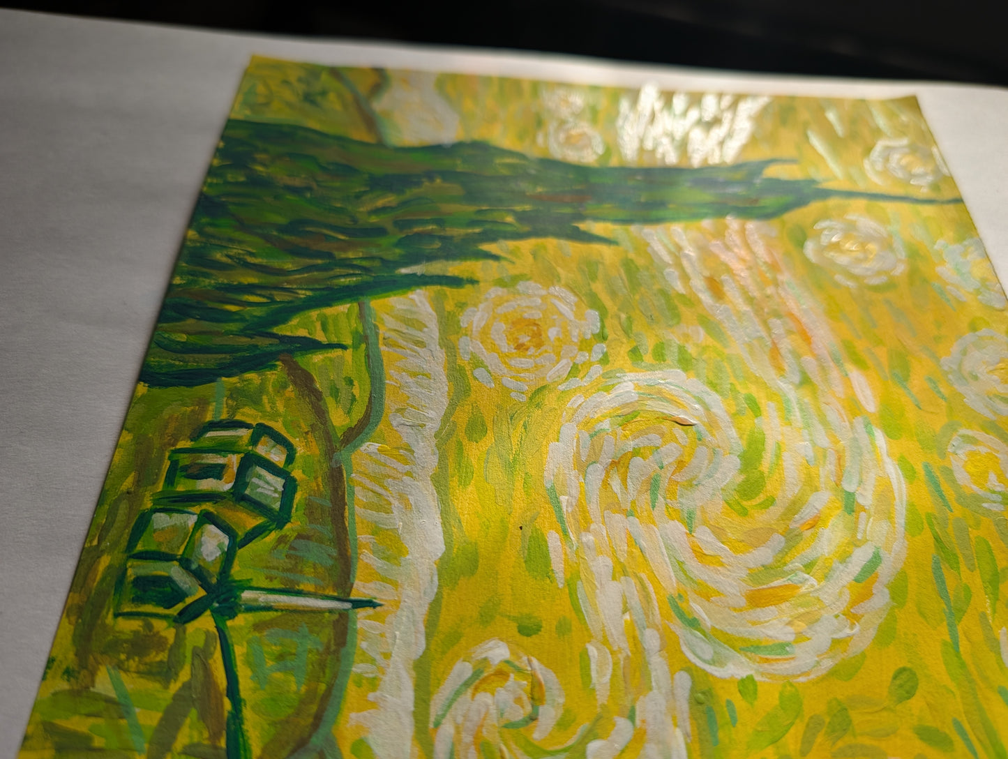 Starry Night in Green — Original Mixed Media Painting 7x10