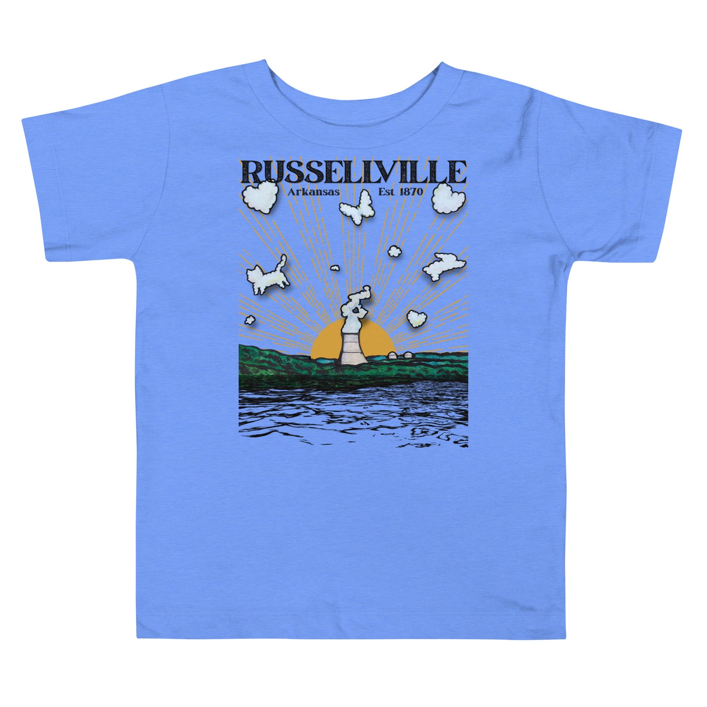 Russellville Arkansas toddler tee with nuclear plant cooling tower sun rays butterfly cat and bunny animal clouds on pink soft bella canvas toddler shirt