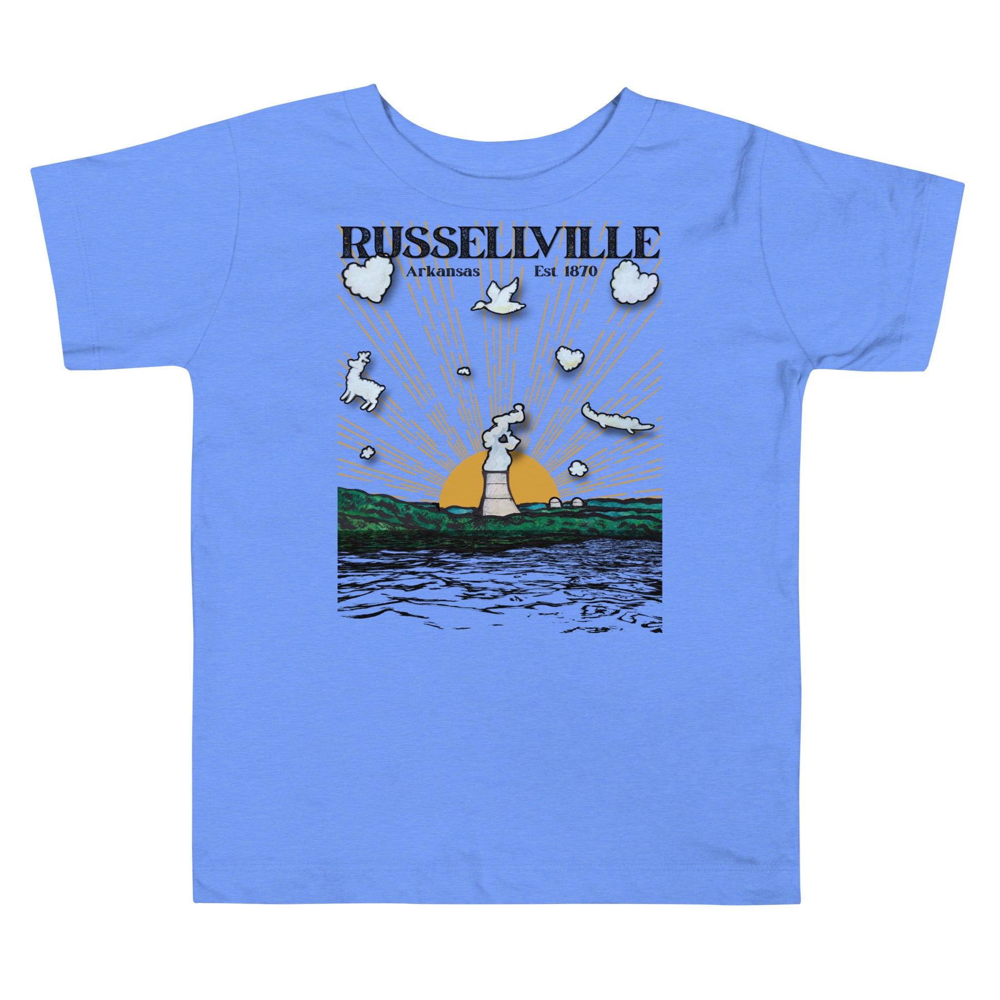 Russellville Arkansas youth classic tee with nuclear plant cooling tower sun rays deer bird and alligator animal clouds on light blue kids shirt