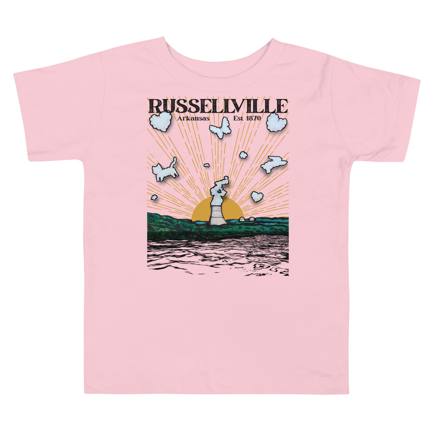 Russellville Arkansas toddler tee with nuclear plant cooling tower sun rays butterfly cat and bunny animal clouds on pink soft bella canvas toddler shirt